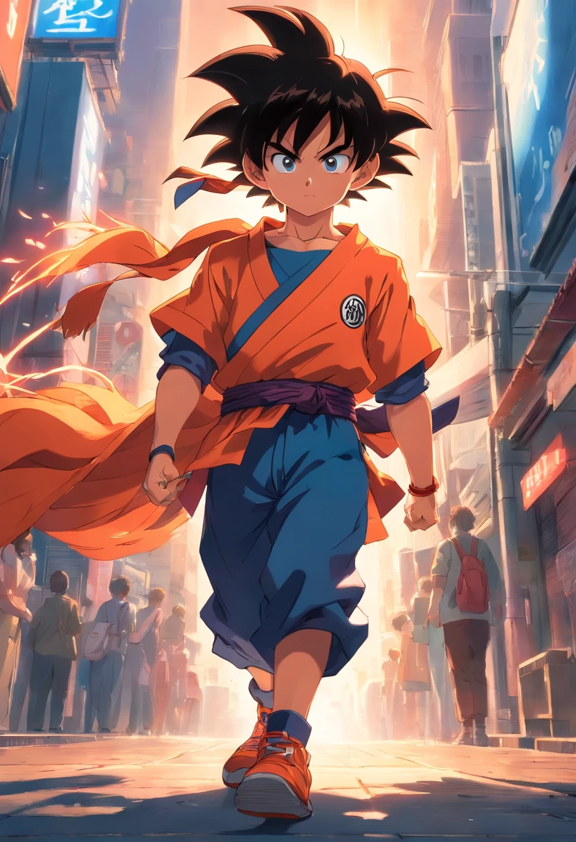 Goku child, em cima de uma montanha,  olhando para o horizonte, carrying his red baton, incredible details, sombras perfeitas
