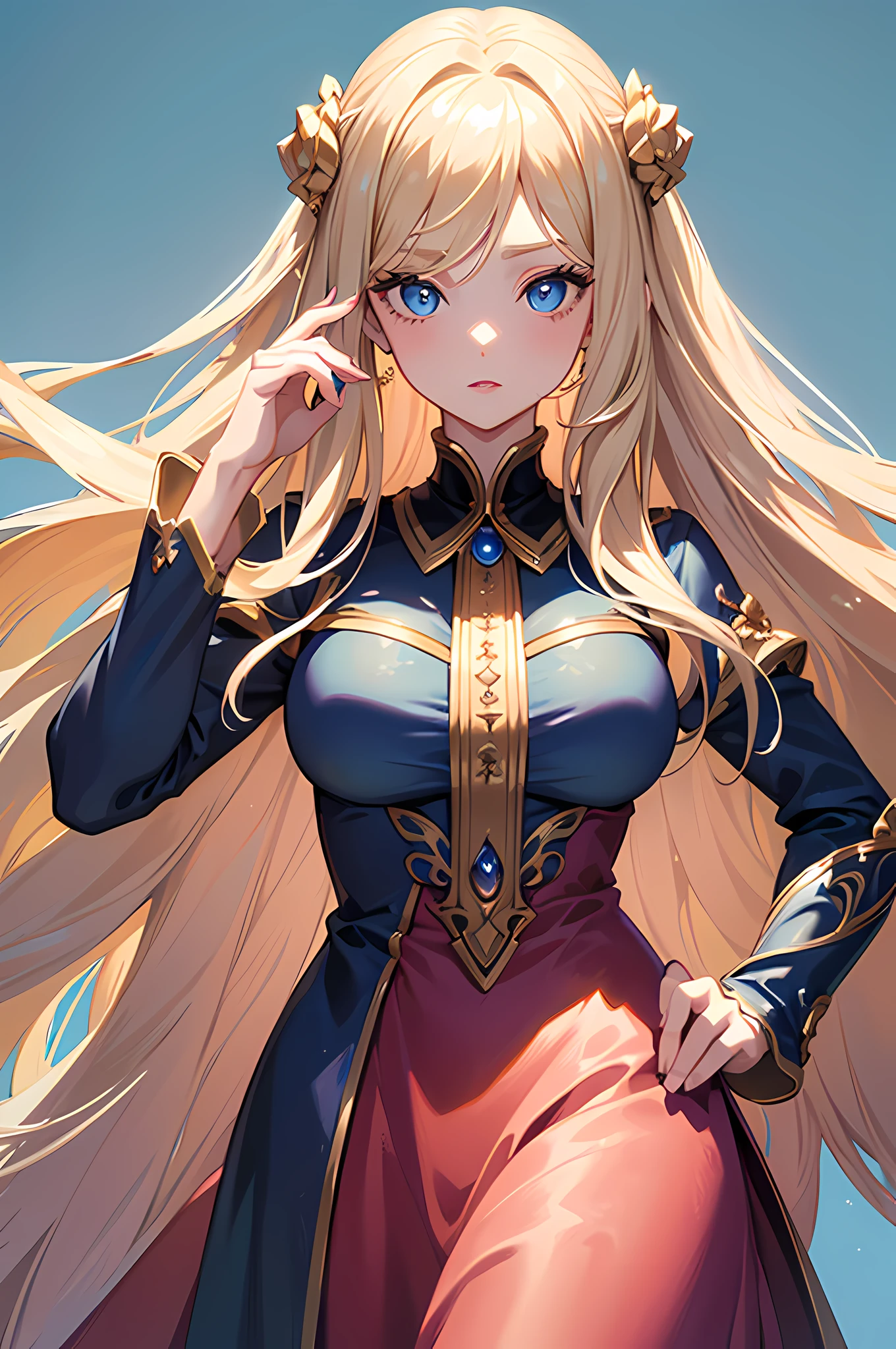 Masterpiece, Best Quality, girl, Blonde hair, Long wavy hair, Blue Eyes, facing front, Pink lips, thick eyelashes, Thick eyelids, Sharp Chin, Fantasy dress clothing, Brown dress, blue background, The body facing the viewer, Upper body only