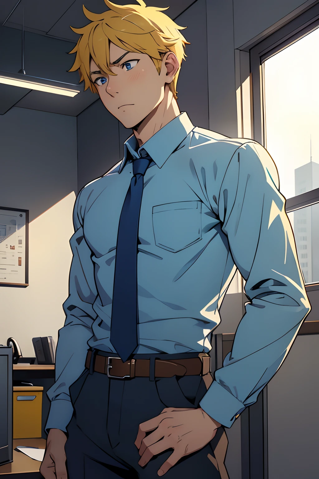 1 Adult male),A high resolution, Sharp focus, Pixiv masterpiece, ((Complicated details)), highly detailed, natsuki_subaru, 1 man,perfect male figure, Nervously bow your head,is shy,embarressed,exhilarated,is shocked,panicking,worry,Very eager to pee,Unbearable,full bodyesbian,sat in an office,Tired,decadent, blue color eyes(eyes glowing), Short yellow hair,Yellow long-sleeved shirt,Wear a tie,Wear a belt,trousers,perspire,look from down