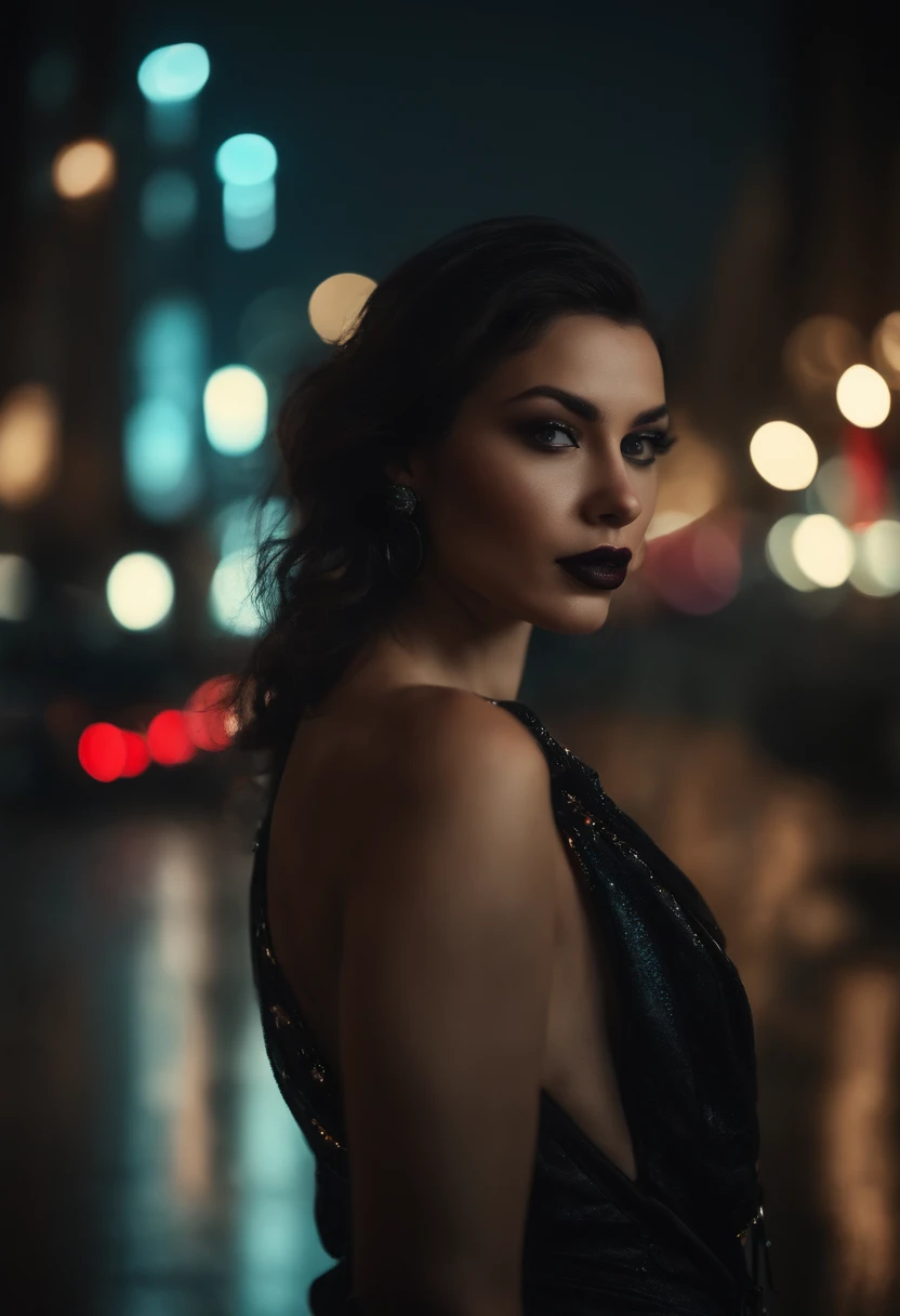 (8k, RAW photo, best quality, masterpiece:1.2), (realistic, photo-realistic:1.37) snuff dark killer in the style of cyberpunk noir photograph moody PERFECT LIPS. Bokeh city in the background looking like Dark City the movie Neuromancer Los Angeles Cyberpunk end of the world nukes going on the background bokeh taken like a realistic photograph