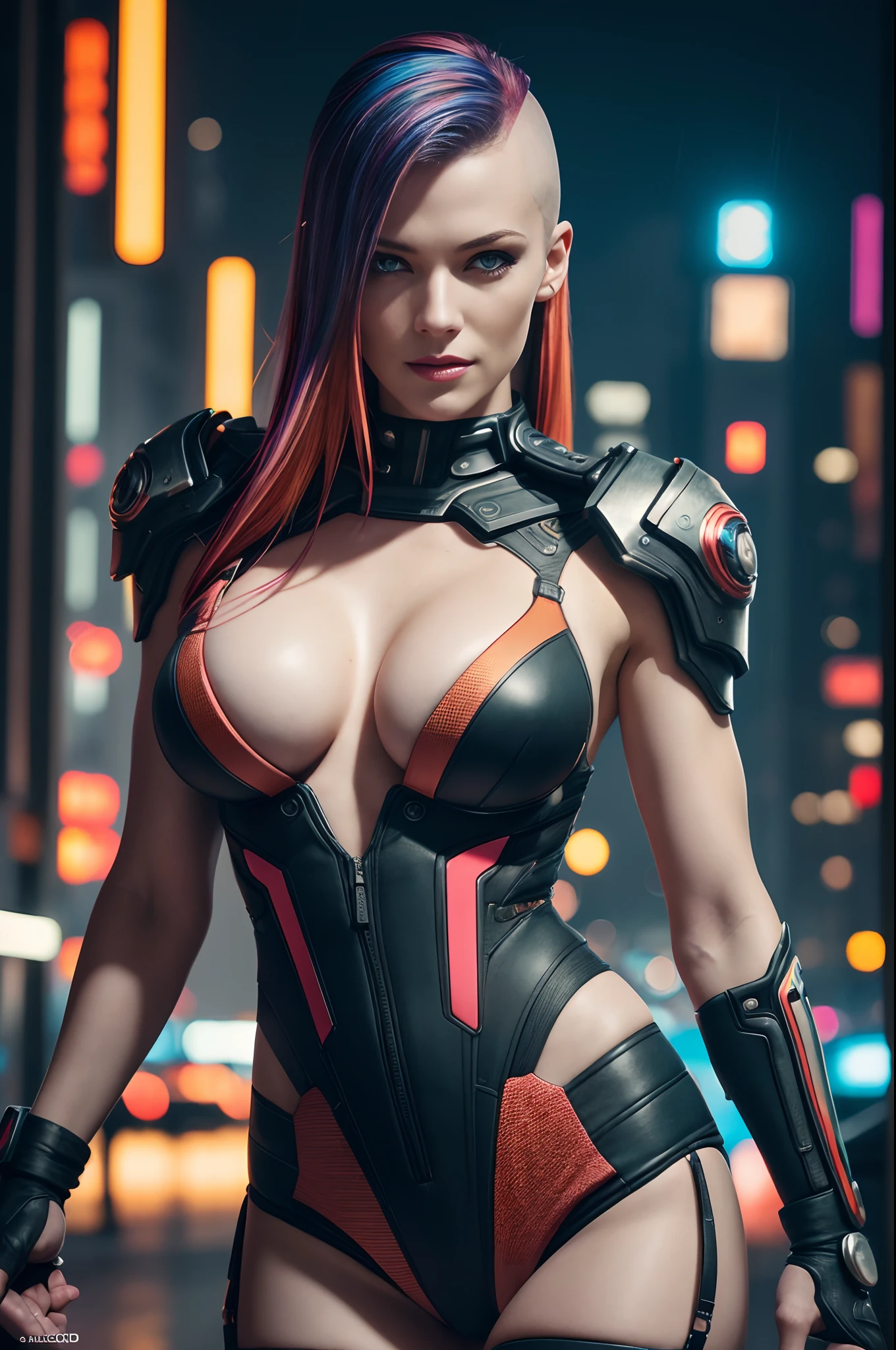 (Beautiful mature female (perfect face)), (Milla Jovovich:0.3), wicked smile, pale skin, (skin texture:1.1), (high detail sexy cyberpunk clothing), (high detail eyes:1.2), (multi coloured hair), (side of head shaved), fit athletic body, cyberpunk city at night, raining, (masterpiece), (photorealistic:1.4), RAW photo, best quality, high res, rich colors, backlight, cinematic lighting, film grain, raw photo, 50mm lens, Nikon D850, warm colors