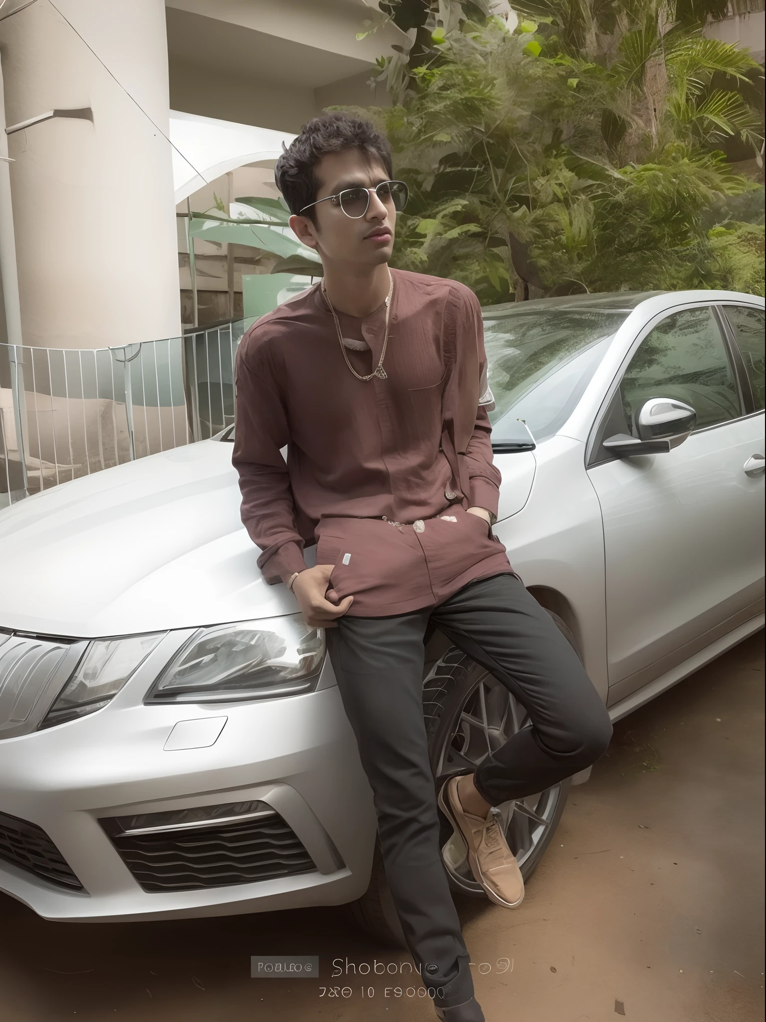 arafed man leaning on a car with a necklace and sunglasses, with a cool pose, looking heckin cool and stylish, assamese aesthetic, riyahd cassiem, full body picture, high quality picture, mohamed chahin style, aesthetic shot, highly aesthetic, smooth in _ the background
