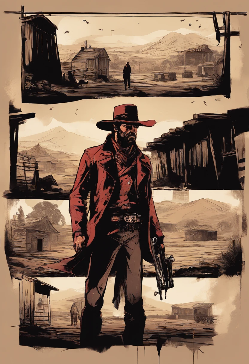 "(best quality, highres),Red dead redemption style,dark room,western style outlaws, 6 men,IN A DARK ROOM,Interior,standing in front of a table,cowboy hats,revolvers,cigarettes,narrow beam of light,atmospheric shadows,leather jackets and vests,old wooden table,dust particles floating in the air,sharp focus,gritty textures,vivid colors,moody lighting"