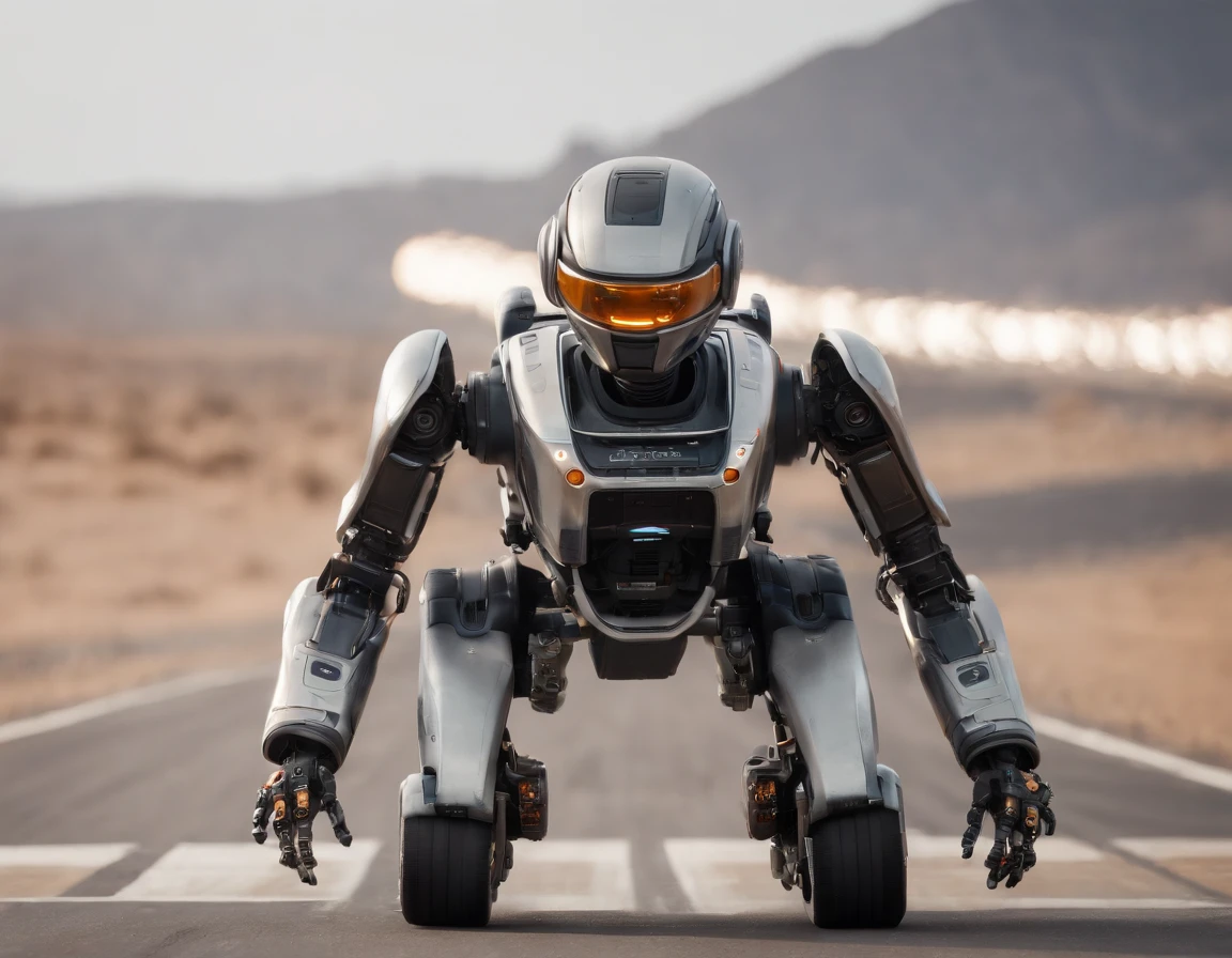 a futuristic, Chappie-esque racing robot racing down the runway