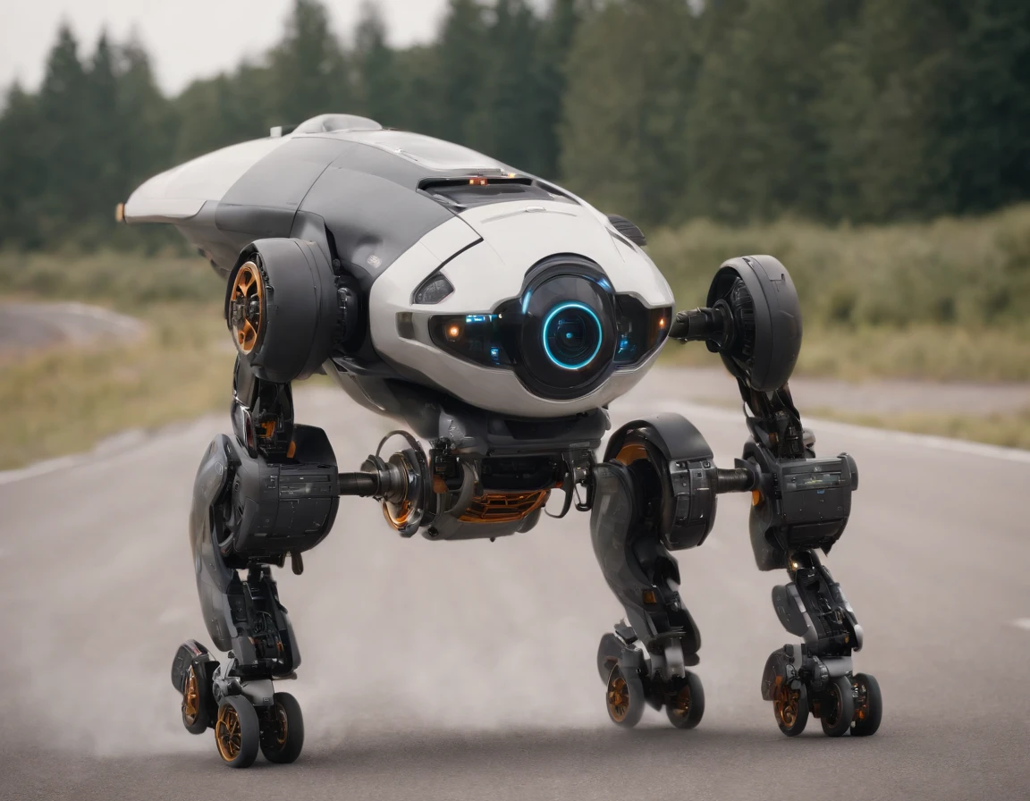 a futuristic, Chappie-esque racing robot racing down the runway