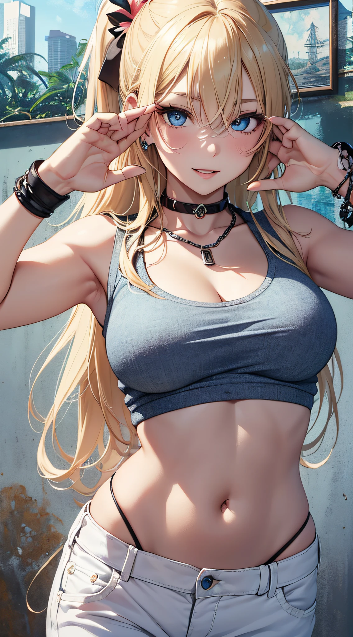 top-quality、Top image quality、masterpiece、girl with((18year old、tatteredclothing、Black Navel Tank Top、White pants、Best Bust、Bust 85、a blond、disheveled ponytail、Blue eyes、open chest wide、Happiness、Chain Accessories、Black wristband on wrist、saluting、Wink in right eye))hiquality、visualart、Background with((Hawaiian))、masutepiece