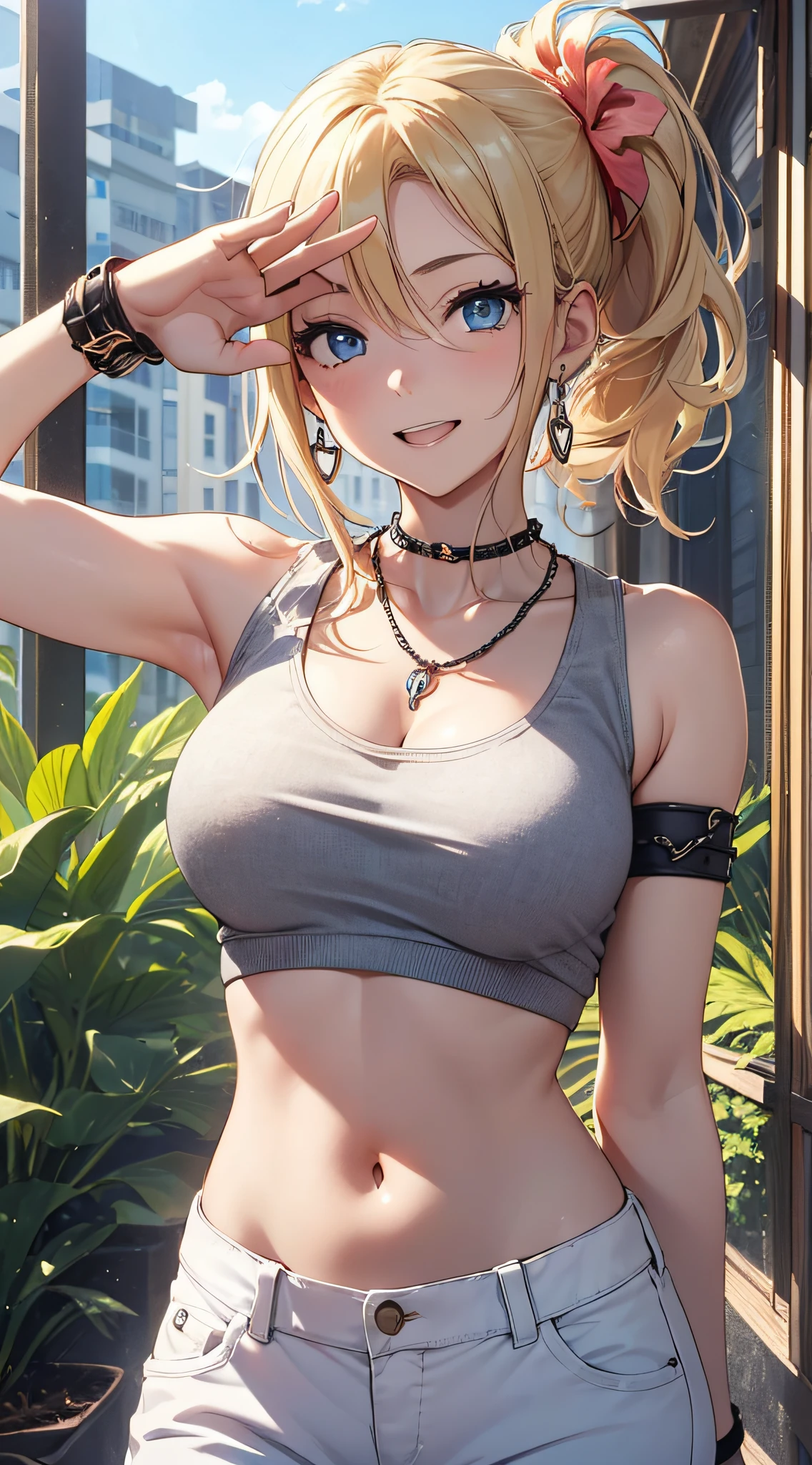 top-quality、Top image quality、​masterpiece、girl with((18year old、tatteredclothing、Black Navel Tank Top、White pants、Best Bust、Bust 85、a blond、disheveled ponytail、Blue eyes、open chest wide、Happiness、Chain Accessories、Black wristband on wrist、saluting、Wink in right eye)）hiquality、visualart、Background with((Hawaiian))、masutepiece