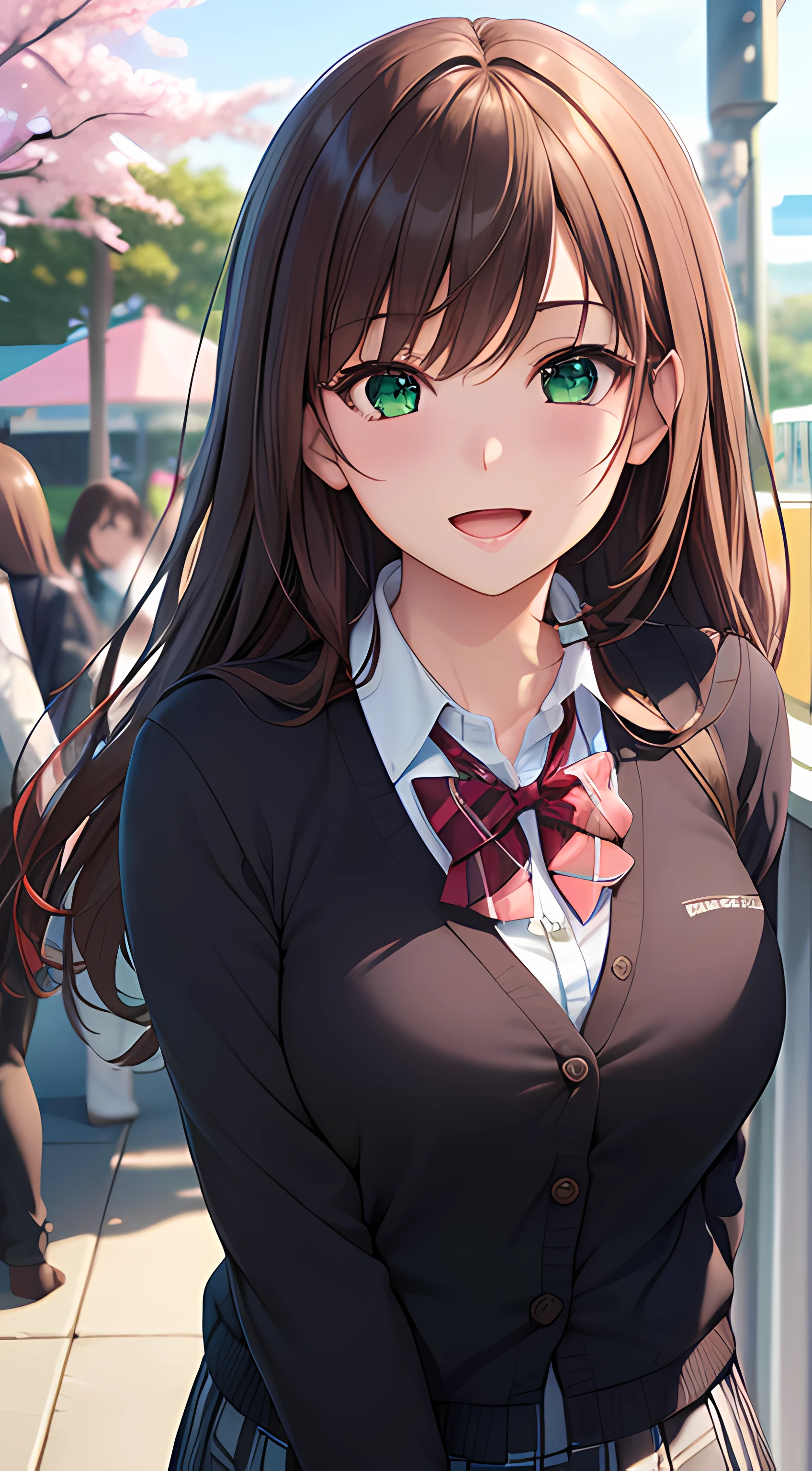 ((masterpiece, best quality, highres, UHD, perfect pixel, depth of field, 4k, RTX, HDR))), 1girl, single, solo, beautiful anime girl, beautiful artstyle, anime character, ((long hair, bangs, brown hair, curly hair:0.8)), ((green eyes:1.4, rounded eyes, beautiful eyelashes, realistic eyes)), ((detailed face, blushing:1.2)), ((smooth texture:0.75, realistic texture:0.65, photorealistic:1.1, anime CG style)), medium breasts, dynamic angle, perfect body, ((POV, close up)), ((red bowtie, school uniform, black jacket, open jacket, brown cardigan, white shirt, black skirt, plaid skirt)), smile, open mouth, amusement park, cherry blossom