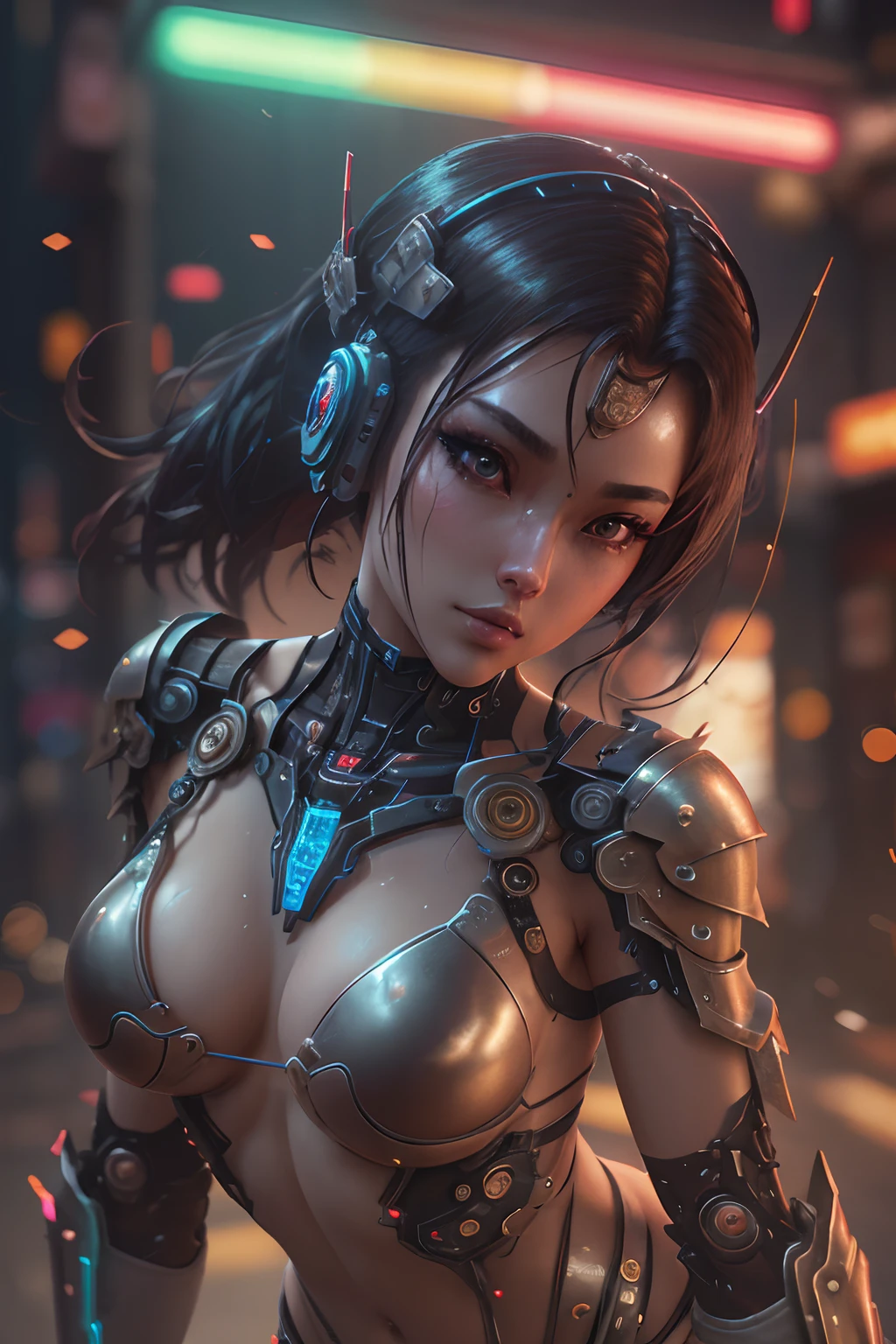 Beautiful Alluring Cyberpunk Samurai, Bare Skin, Athletic Well Toned Body, Elegant Form, Bare Skin, Outside At Neon Palace, Barely Clothed, Beautiful Face, smaurai inspired bikini armor, mechanical limbs, exposed robotic parts, chrome skin, neon glowing parts, Japanese Theme, Cyberpunk Theme, Fiverr Dnd Character, Octane Render, Digital Art, Extreme Detail, 4k, Ultra Hd, Polished, Beautiful, Hyperdetailed, Intricate, Elaborate, Meticulous, Photorealistic, Sharp Focus, Wlop, Character Design, Unreal Engine, 3d Rendered, Volumetric Lighting, Reflections, Glossy, Digital Illustration, Sensual Pose, Suggestive Pose, Lewd, Full Body Shot, 💖❤💕💋❣