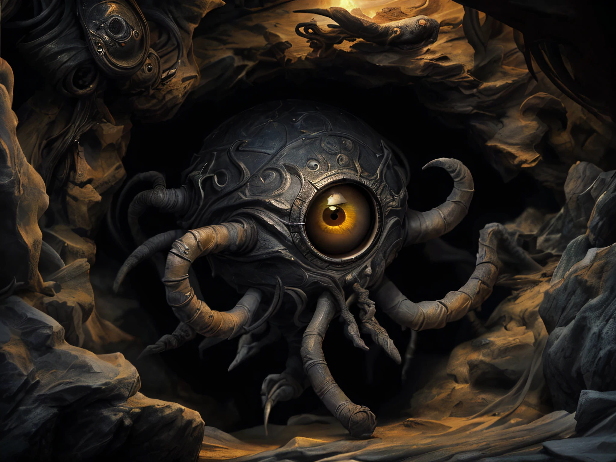 a full distant shot picture of a dark beholder in a dark cave (best details, Masterpiece, best quality :1.5), an epic evil beholder (best details, Masterpiece, best quality :1.5) extremely detailed beholder, 7 different eyes in dynamic colors (best details, Masterpiece, best quality :1.5) , one central big yellow eye, detailed face, torch light (best details, Masterpiece, best quality :1.5), sense of dread, sense of awe majestic atmosphere, ultra best realistic, best details, best quality, 16k, [ultra detailed], masterpiece, best quality, (extremely detailed), ultra wide shot, photorealism, depth of field, hyper realistic painting,