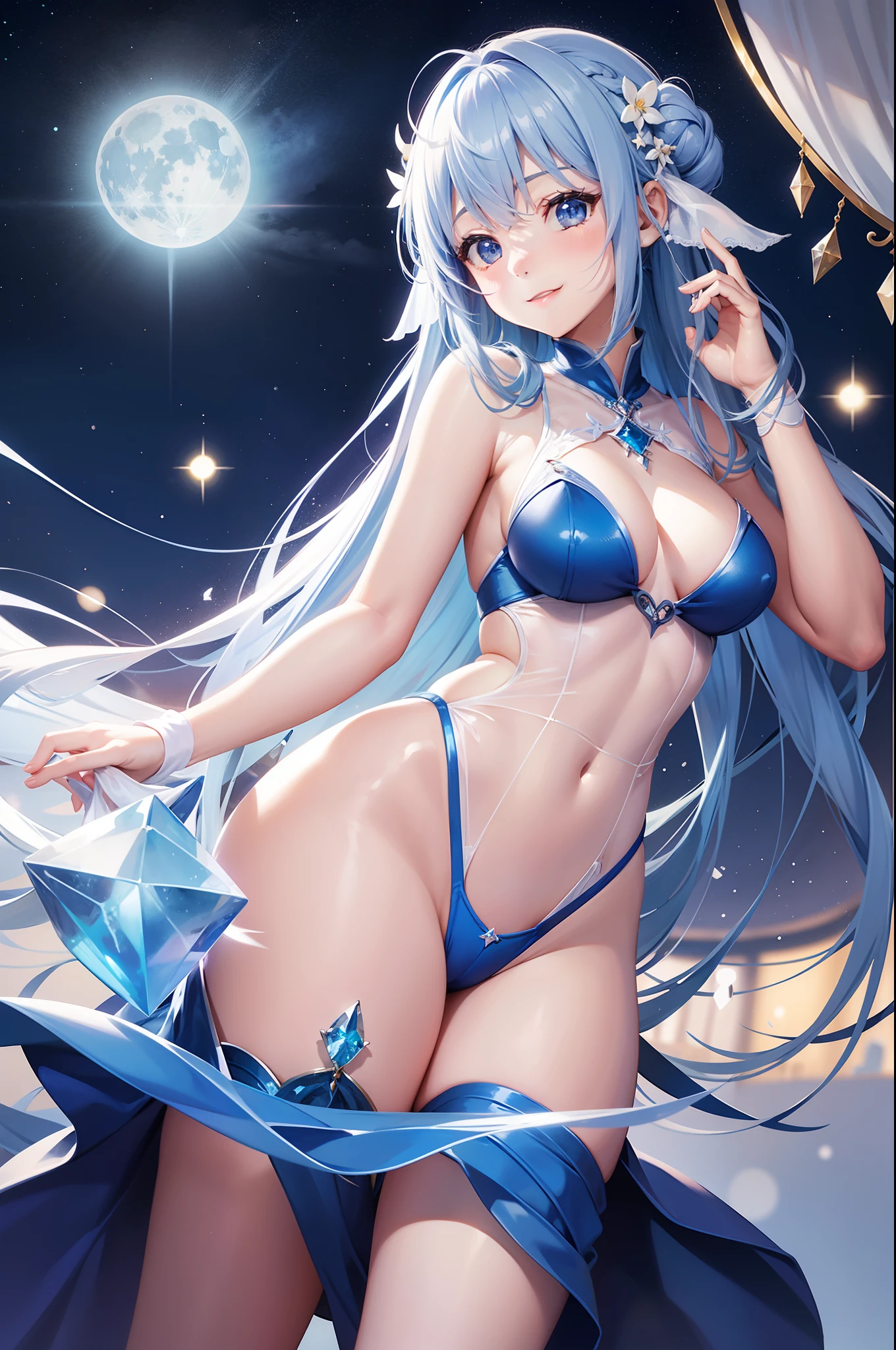 Pretty girl、A charming smile、Blue Long Hair、Engaging pose、Twin-tailed、See-through white leotard、Fantasia、Crystal jade、constellation、a moon、Fantastic background