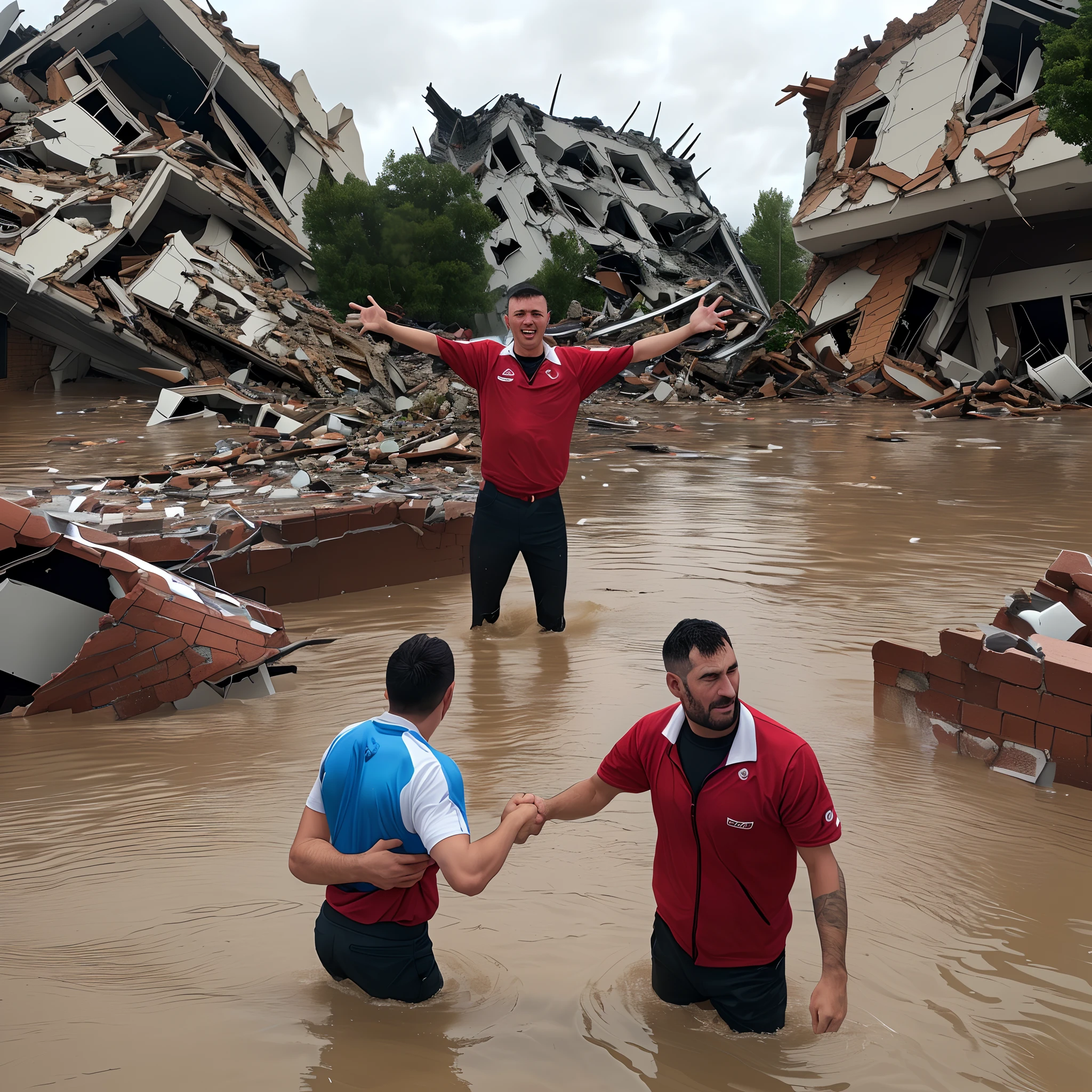 Two Men Standing from a Destroyed building, Grabbing the Hands of a Drowning man in the Floods