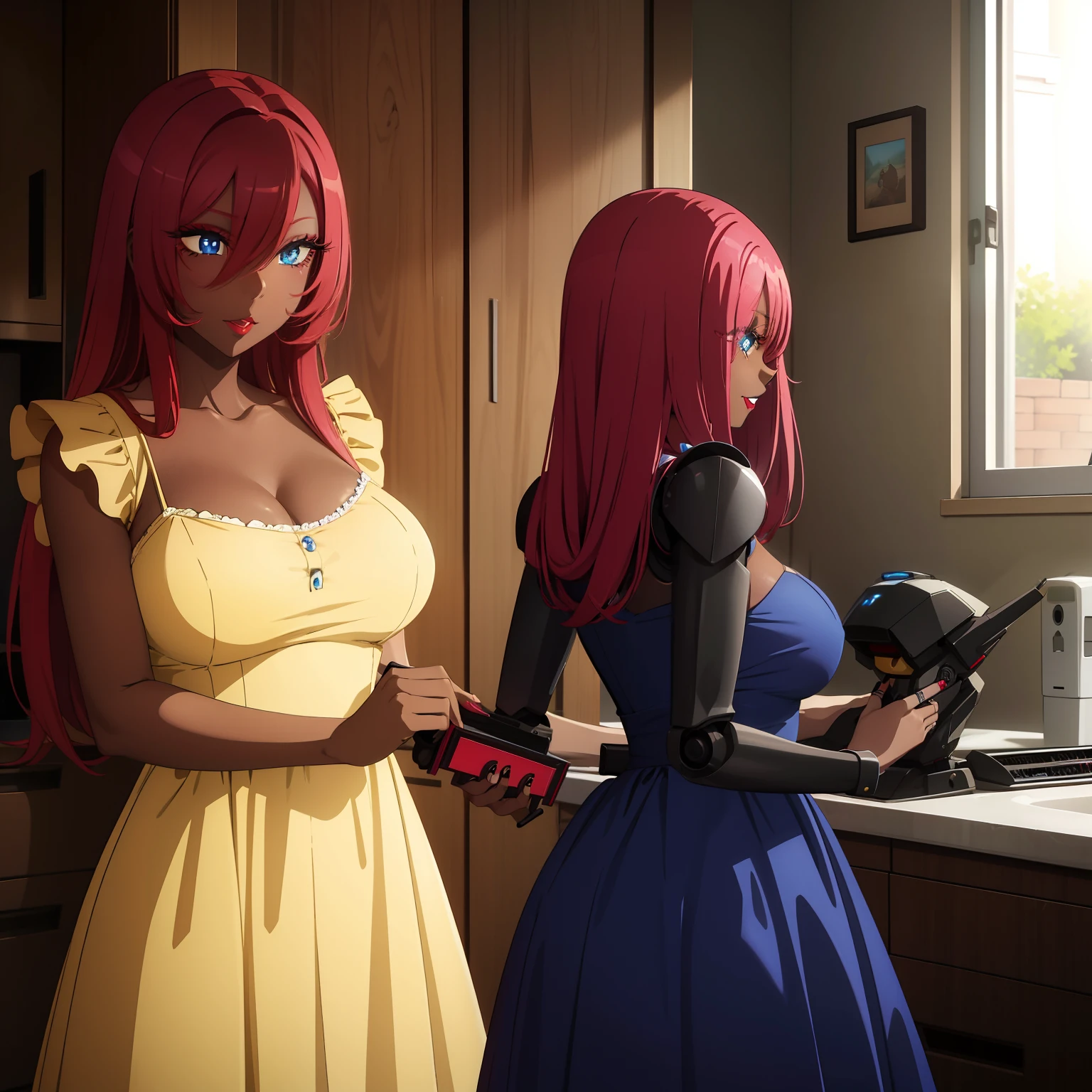 Robot, housewife, vtuber, milf, red hair, dark skin, hair over one eye, blue eyes, yellow dress, lipstick