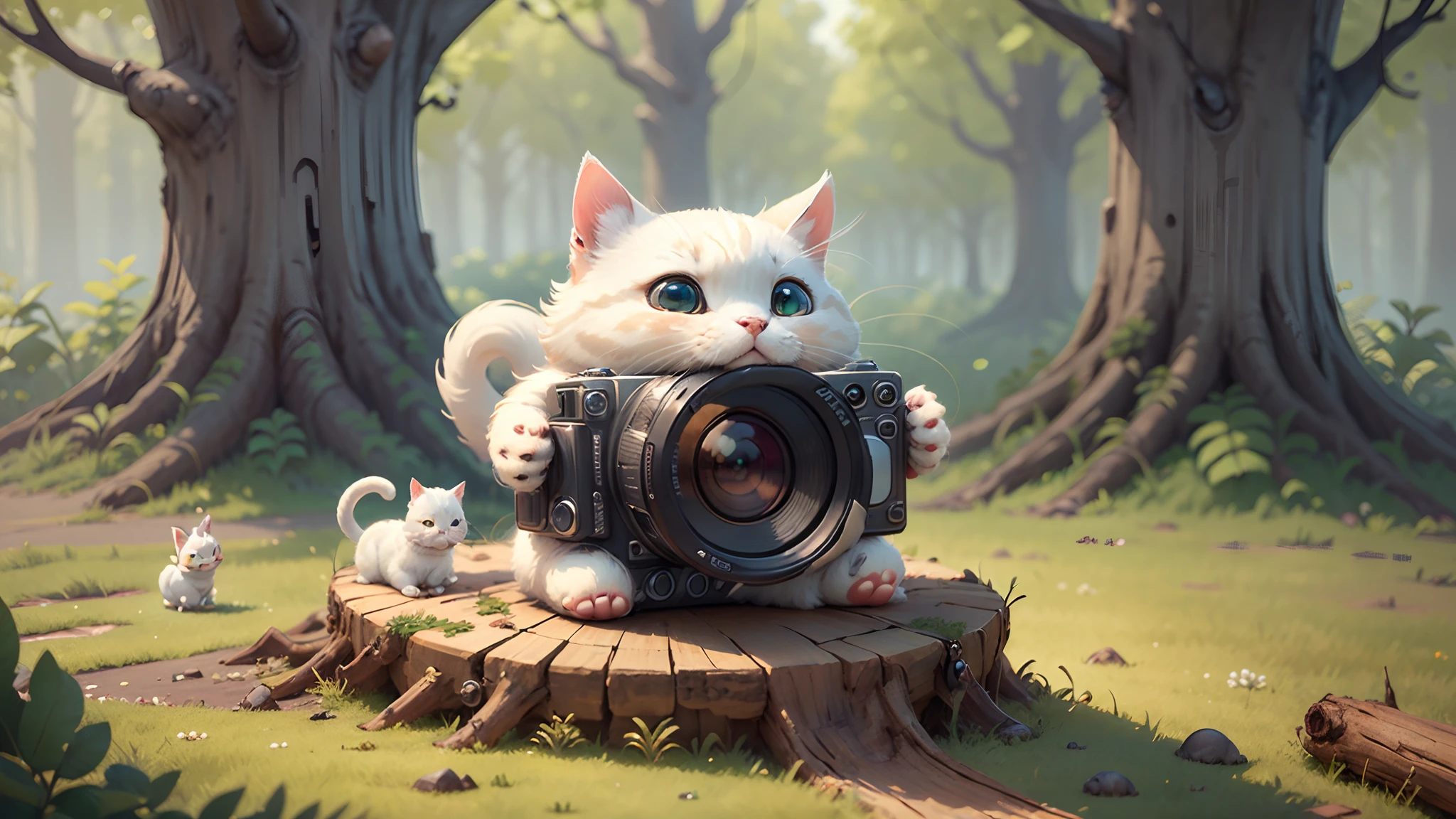 There is a little white cat sitting on a log with a camera, one eye to take pictures, cute digital art, cute digital painting, cute detailed digital art, cute 3 D rendering, cute cartoon characters, cute anthropomorphic rabbit, cute cartoon, cute detailed artwork, cute cute art, cute cute photos, cute animals, cute cute characters, cute creatures