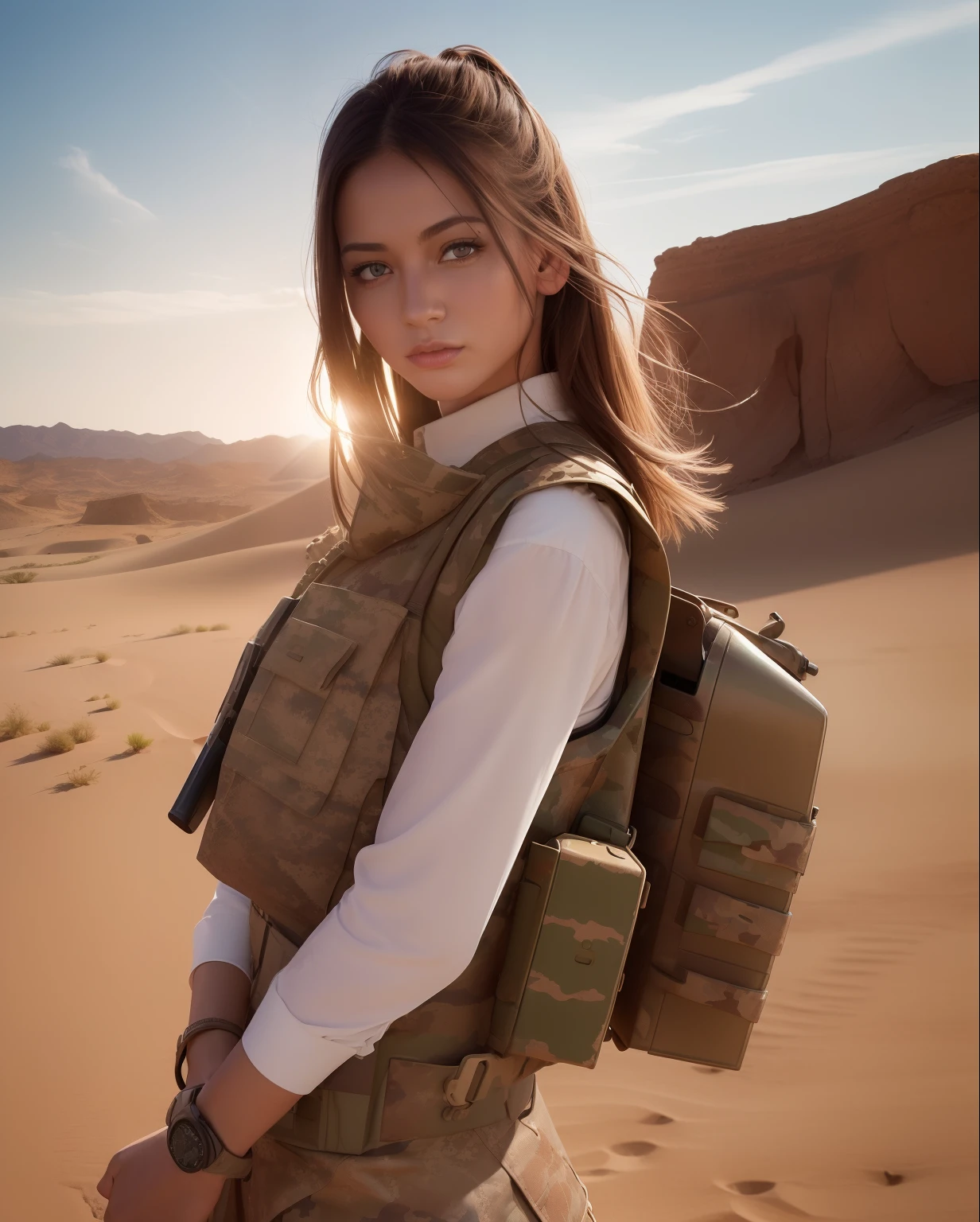 1girl, superb, elegant colors, (realistic, high detail, masterpiece, ultra-detailed, dynamic angle, amazing, cinematic lighting, illustration, chiaroscuro, backlight, god light, holland, best quality, best quality, wearing tight desert camouflage vest, wearing desert camouflage short skirt, posing good-looking, belting, wearing military watch, armored car with desert camouflage outdoors in background, digital painting, highly detailed, super high quality, professional photography, 8k, ultra hd, desert background, real skin texture , normal intact fingers, correct facial features, clear focus, eye-catching lighting, blue sky