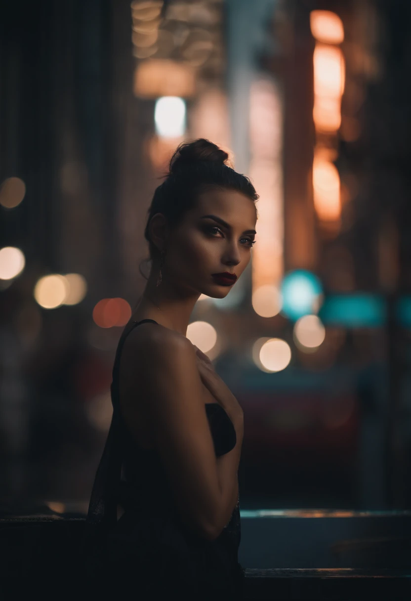 (8k, RAW photo, best quality, masterpiece:1.2), (realistic, photo-realistic:1.37) snuff dark killer in the style of cyberpunk noir photograph moody PERFECT LIPS. Bokeh city in the background looking like Dark City the movie Neuromancer Los Angeles Cyberpunk end of the world nukes going on the background bokeh taken like a realistic photograph