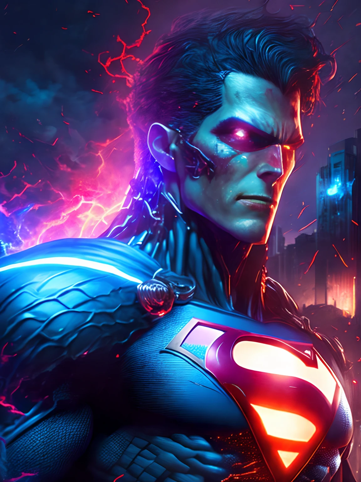 Retrato sombrio do Zombie Cyborg Superman da DC, extremamente detalhado, futuristic cityscape, noite, glowing neon lights, smoke billowing, Sparks, Metal shavings, detritos voadores, efeitos da energia azul, volumetric light