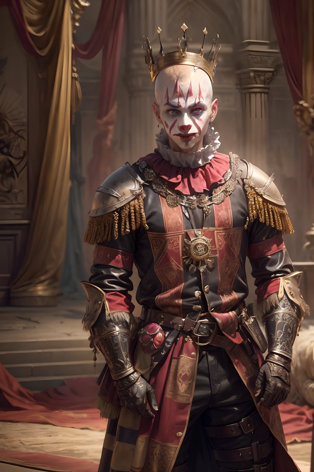 (masterpiece), best quality, expressive eyes, 1guy, a king, bald, (no hair), ((intricate lux crown)), hybrid ((matador-clown outfit, leather outfit, intricated outfit, luxurious outfit, leather armoured gloves)), ((face war paint)), rusty, used, scratched,,
Medieval warfare background, dust, desert, knights.
Hyperdetailed artwork, perfect post production, high_res