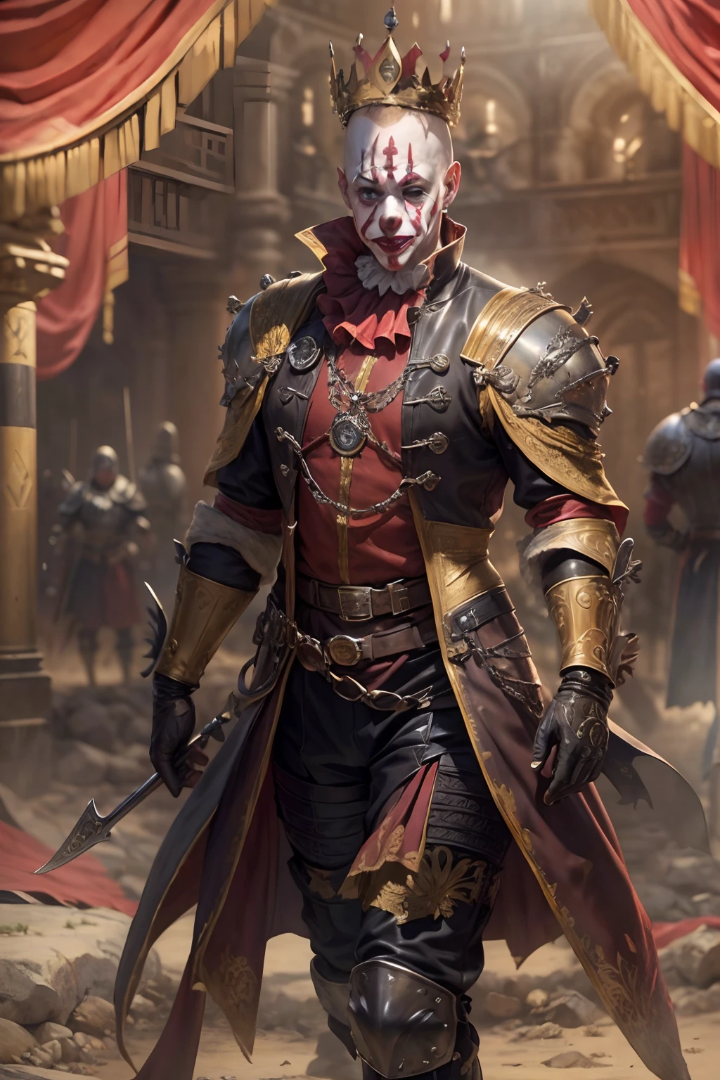 (masterpiece), best quality, expressive eyes, 1guy, a king, bald, (no hair), ((intricate lux crown)), hybrid ((matador-clown outfit, leather outfit, intricated outfit, luxurious outfit, leather armoured gloves)), ((face war paint)), rusty, used, scratched,, 
Medieval warfare background, dust, desert, knights.
Hyperdetailed artwork, perfect post production, high_res