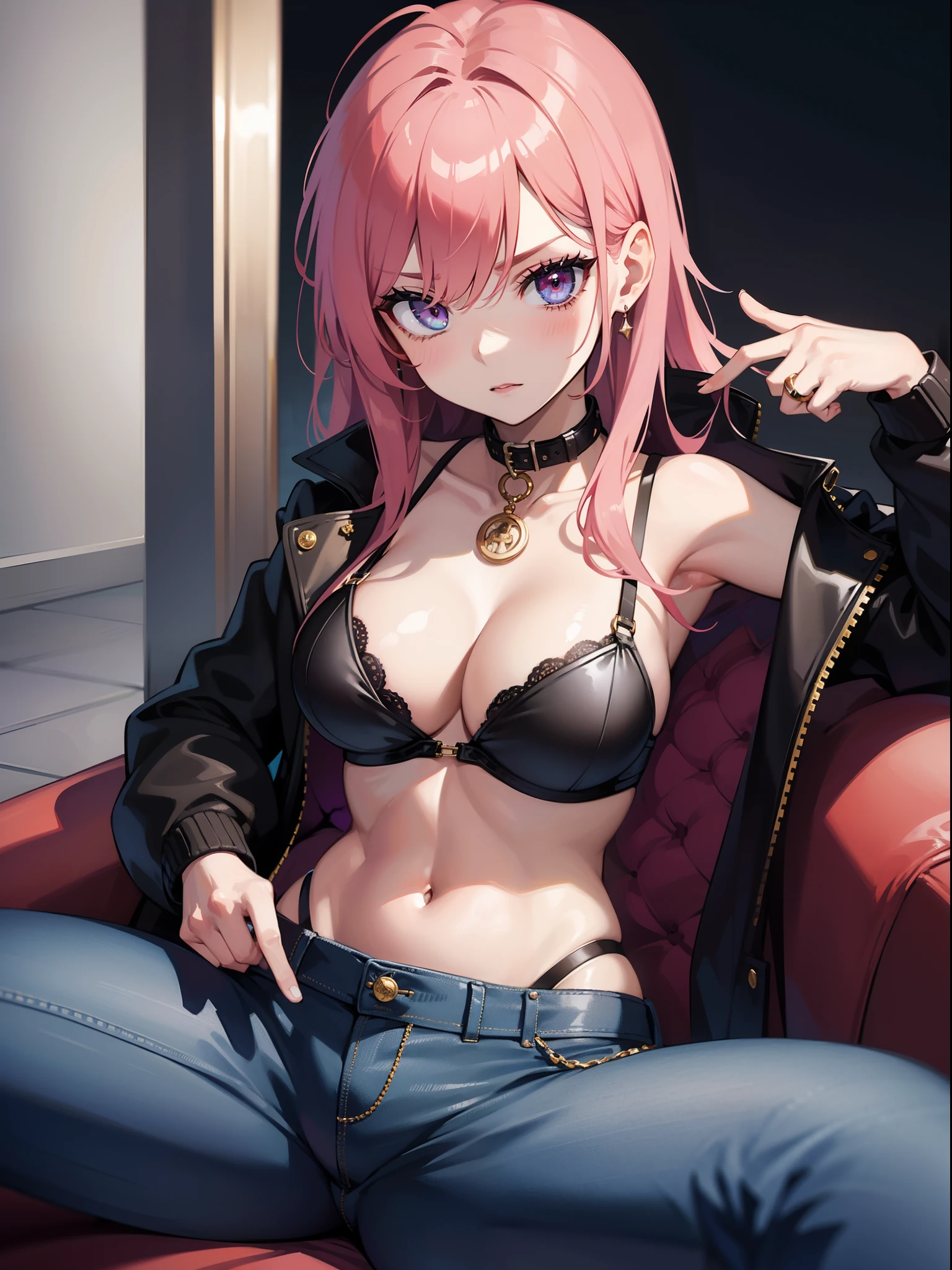 artistic, 1girl,badass, (cap), jacket,open jacket, no shirt, no, bra, exposed abdomen, defined abdomen, sexy, sensual, agressive, perfect face, expressive eyes, superior, style, stylish, stylish cothes, cool, dynamic, ring, jewel, neck chain, gold, sitting, high angle, couch, cray, madness, colorful, ink, jeans pant,naughty,mischevious, pink hair,expressive