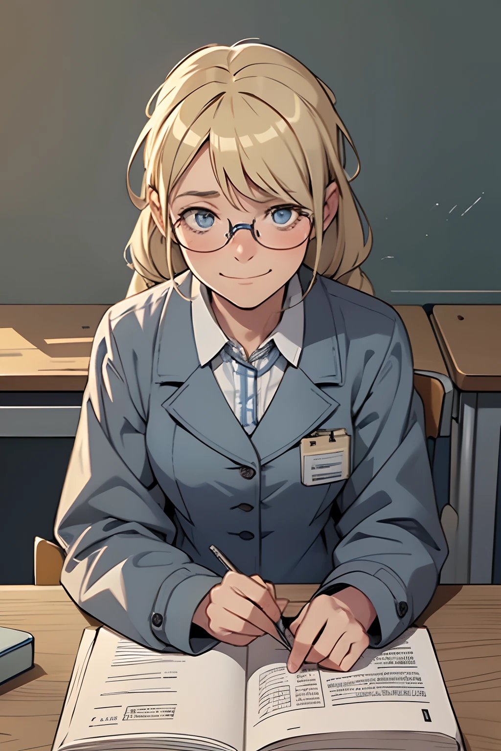 cute,blonde,blue spects, 1 16 year old girl, solo, in classsroom ,tension,lost in her toughts,smiles,sleepy,uniform,clean and tidy class, grey coat,full sleeves shirt ,sitting in a desk,confused,alone,look down , shy,stressed,looks up,shocked