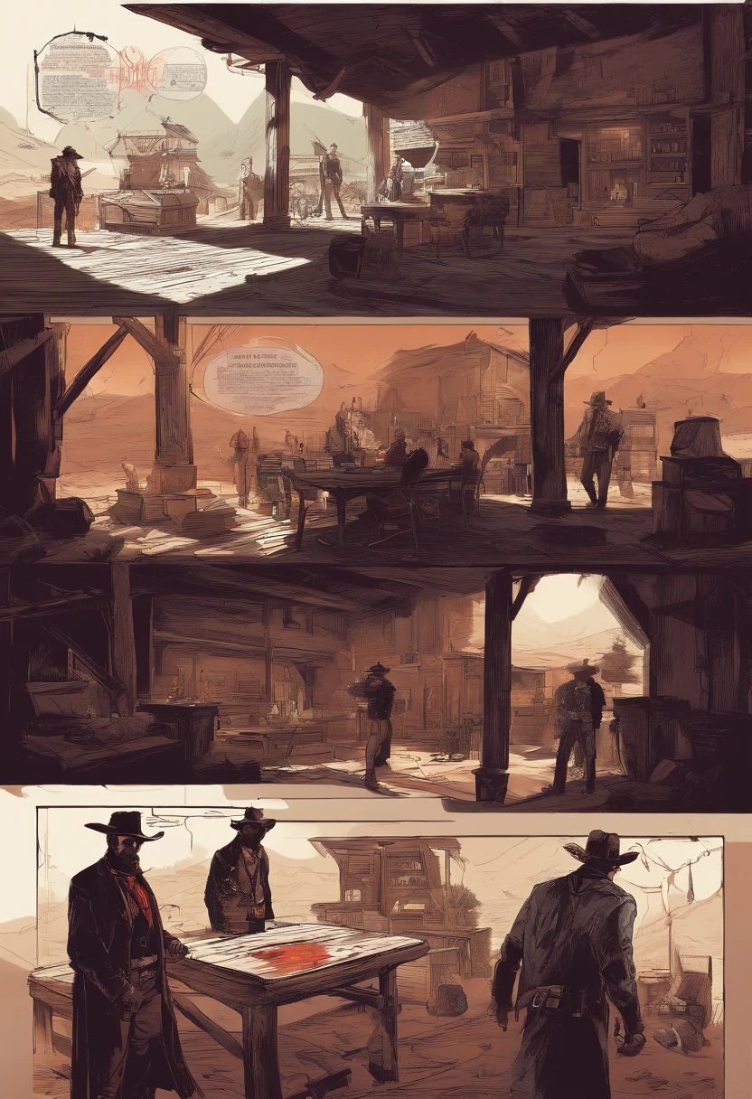"(Best quality, A high resolution),Red Dead Redemption 2 style,Dark room,Western-style outlaws, 6 men,In a dark room,interiors,Stand in front of the table,cowboy hat,revolvers,cigarettes,Narrow beam,Atmospheric shadows,Leather jacket and vest,Old wooden table,Dust particles floating in the air,Sharp focus,gritty texture,Vivid colors,Moody lighting"