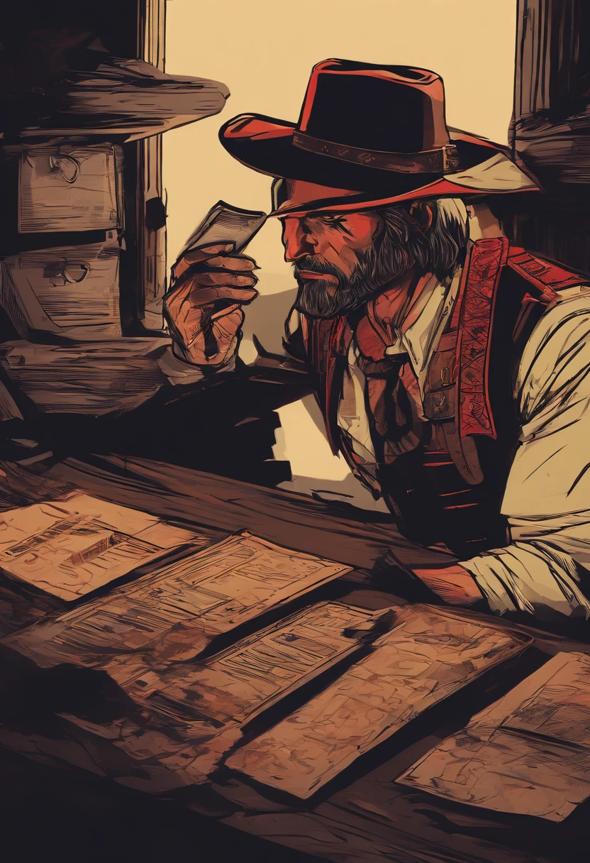 "(Best quality, A high resolution),Red Dead Redemption 2 style,Dark room,Western-style outlaws, 6 men,In a dark room,interiors,Stand in front of the table,cowboy hat,revolvers,cigarettes,Narrow beam,Atmospheric shadows,Leather jacket and vest,Old wooden table,Dust particles floating in the air,Sharp focus,gritty texture,Vivid colors,Moody lighting"