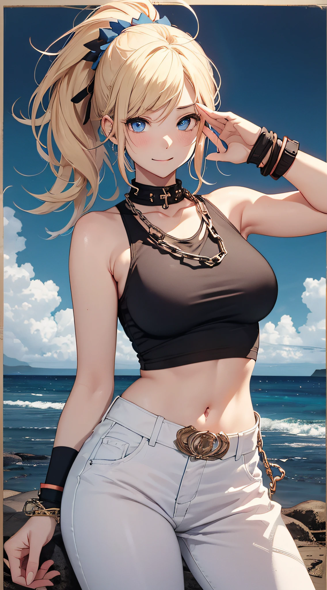 top-quality、Top image quality、​masterpiece、girl with((18year old、tatteredclothing、Black Navel Tank Top、White pants、Best Bust、Bust 85、a blond、disheveled ponytail、Blue eyes、open chest wide、Happiness、Chain Accessories、Black wristband on wrist、Leaning forward pose while saluting、A slender)）hiquality、visualart、Background with((Hawaiian))、masutepiece