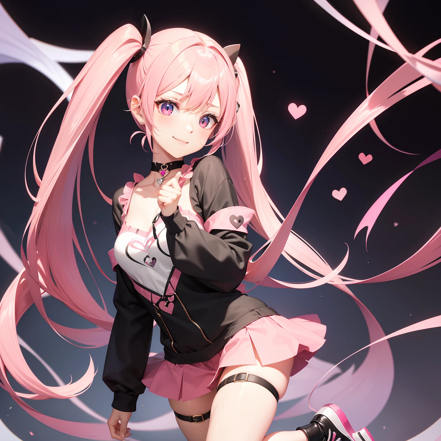 full body Esbian, masutepiece: 1.2, Highest Quality), (Live-action, elaborate details), (1 Lady, Solo, Upper body,) Clothing: Edgy, Black long jumper, pink miniskirt, long hair with pink twin tails,,,,,,、Avant-garde, Experimental appearance: Long pink twin tail hair 、Heart-shaped choker、The location: bustling city、Solo, Nice smile、Value Creation in Mixed Media Art: individuality, authenticity, Creative expression