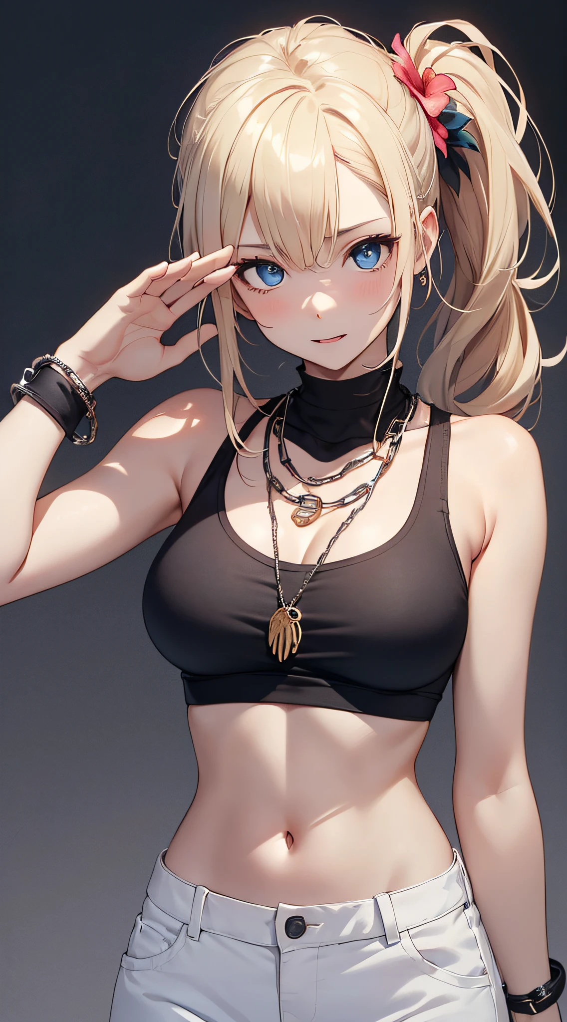 top-quality、Top image quality、masterpiece、girl with((18year old、tatteredclothing、Black Navel Tank Top、White pants、Best Bust、Bust 85、a blond、disheveled ponytail、Blue eyes、open chest wide、Happiness、Chain Accessories、Black wristband on wrist、saluting、bending forward))hiquality、visualart、Background with((Hawaiian))、masutepiece