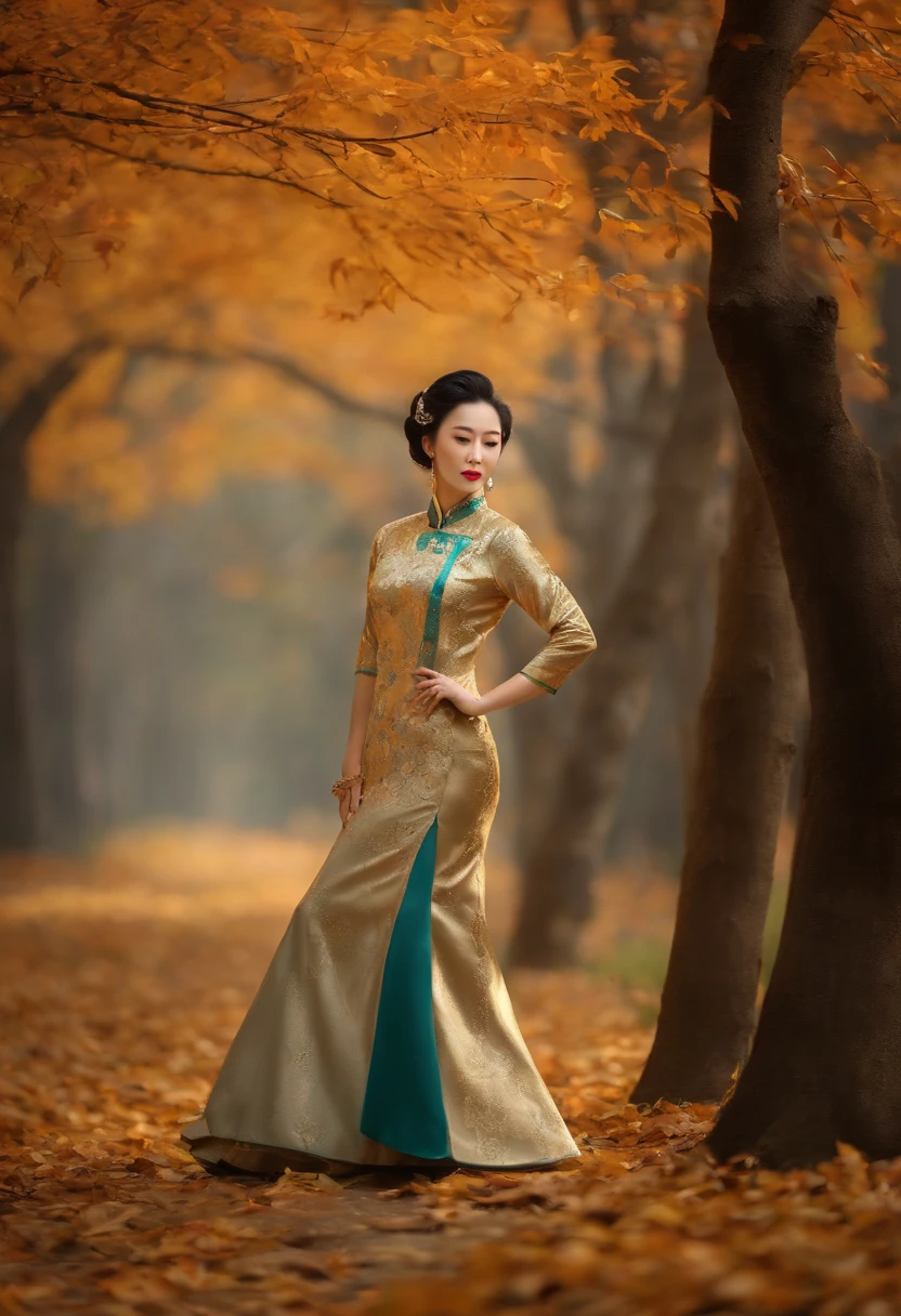 Mature royal sister,ancient wind,Light cheongsam,Golden hairpin,quadratic element,swing the sword,Late autumn forest