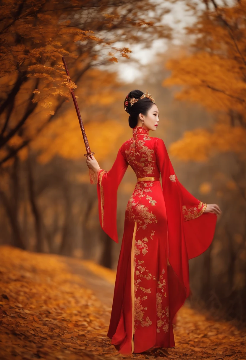 Mature royal sister,ancient wind,Light cheongsam,Golden hairpin,quadratic element,swing the sword,Late autumn forest
