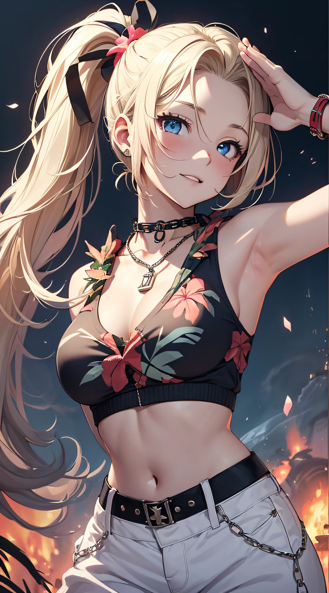 top-quality、Top image quality、​masterpiece、girl with((18year old、tatteredclothing、Black Navel Tank Top、White pants、Best Bust、Bust 85、a blond、disheveled ponytail、Blue eyes、open chest wide、Happiness、Chain Accessories、Black wristband on wrist、saluting、bending forward)）hiquality、visualart、Background with((Hawaiian))、masutepiece