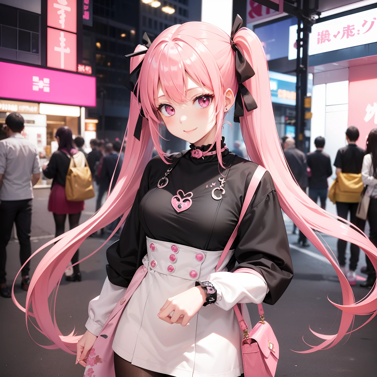 full body Esbian, masutepiece: 1.2, Highest Quality), (Live-action, elaborate details), (1 Lady, Solo, Upper body,) Clothing: Edgy, Black long jumper, pink miniskirt, long hair with pink twin tails,,,,,,、Avant-garde, Experimental appearance: Long pink twin tail hair 、Heart-shaped choker、The location: bustling city、Solo, Nice smile、Value Creation in Mixed Media Art: individuality, authenticity, Creative expression