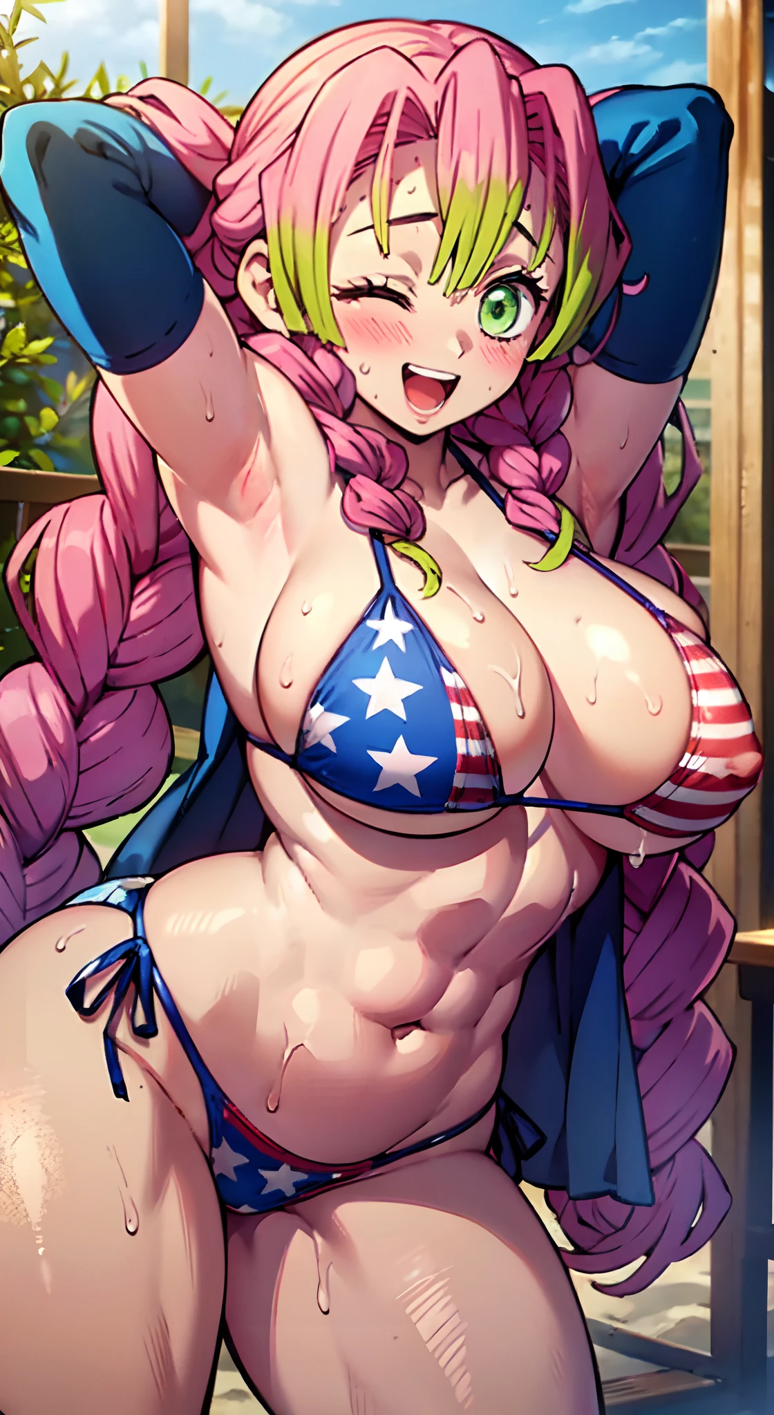 (Perfect body),Best Quality,(8K Portrait),(Official art)、NSFW、(((muscular)))、embarrassed from、:D、One eye is closed、1girl in, Solo Focus、(((blush))),(Sweat),((((large udder))))、(thick thighs)、(big butts)、(A pink-haired),((Braids)),Long hair, (Green eye),((American flag bikini))、(Blue jacket)、(Leather Belt)、(Blueny Socks)、(both hands behind head)、((Armpits))、(beach side)