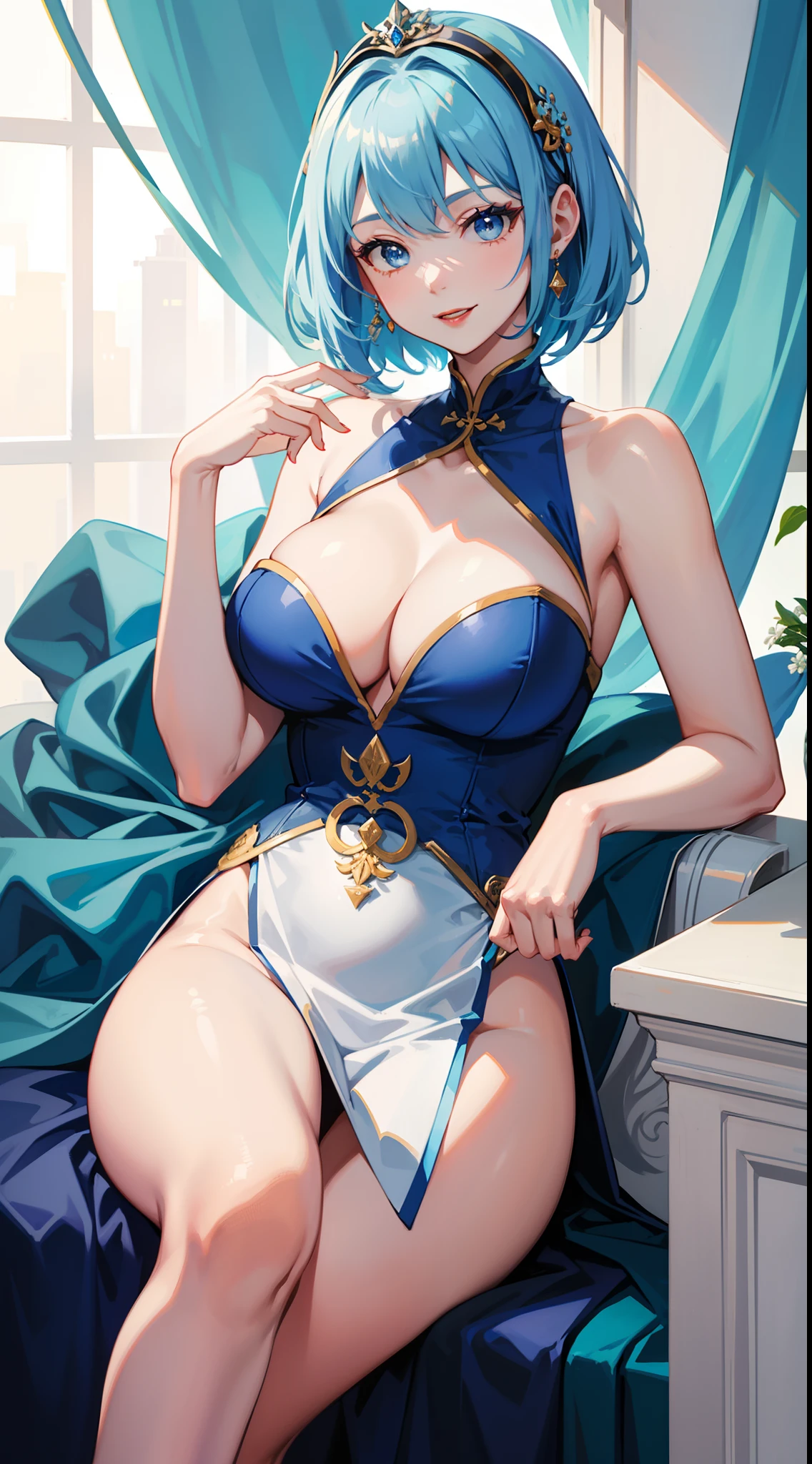 Tall girl, Short blue hair, blue eyes, white chinese dress, Blue inserts, open shoulders, red lipstick, smile, Masterpiece, hiquality, high detail, HD, 4k