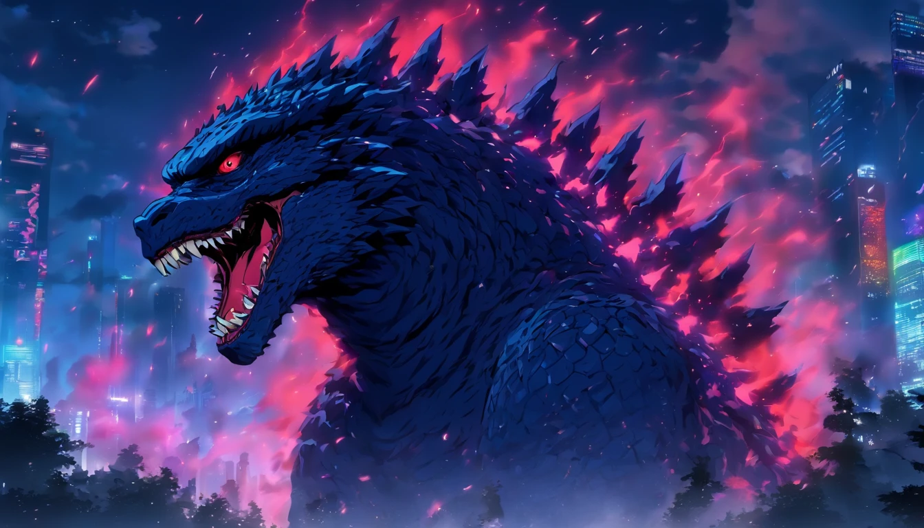 Strange monsters in a fantasy world,Godzilla,A coarse laser sprays out of the mouth,Blood,Covered with thick spikes,Moon Night,中景 the scene is,Full body like, highly detailed surreal vfx,oc rendered,Shot with 70 mm - AR 16:9 --q 2 --s 1000