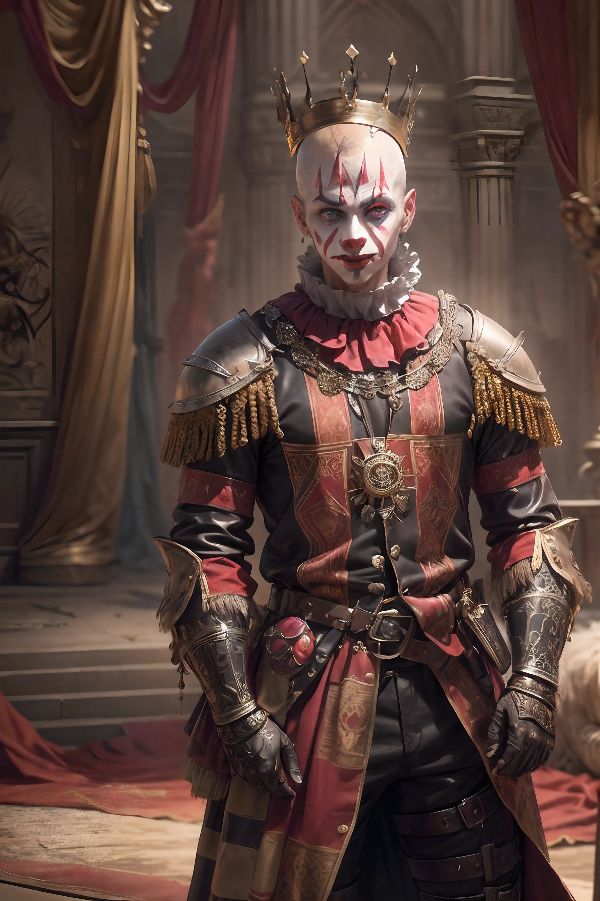 (masterpiece), best quality, expressive eyes, 1guy, a king, bald, (no hair), ((intricate lux crown)), hybrid ((matador-clown outfit, leather outfit, intricated outfit, luxurious outfit, leather armoured gloves)), ((face war paint)), rusty, used, scratched,, 
Medieval warfare background, dust, desert, knights.
Hyperdetailed artwork, perfect post production, high_res