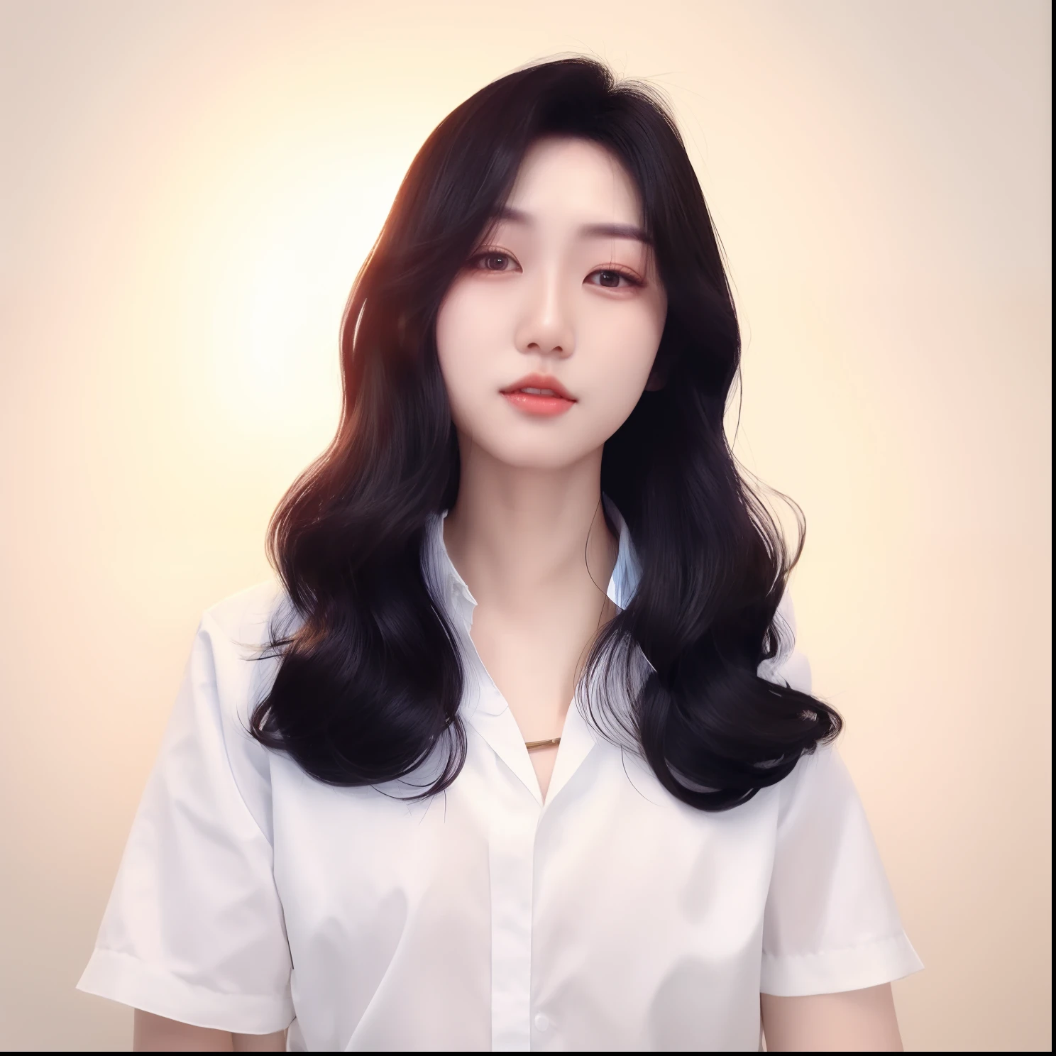 Araped woman in white shirt with long black hair, wavy shoulder-length hair, jaeyeon nam, Dynamic Wave Hair, wavy hairstyle, with short hair, Medium-length hair, korean symmetrical face, middle long hair, Korean Girl, With the same hairstyle, with long hair, Shoulder-length hair, cute face