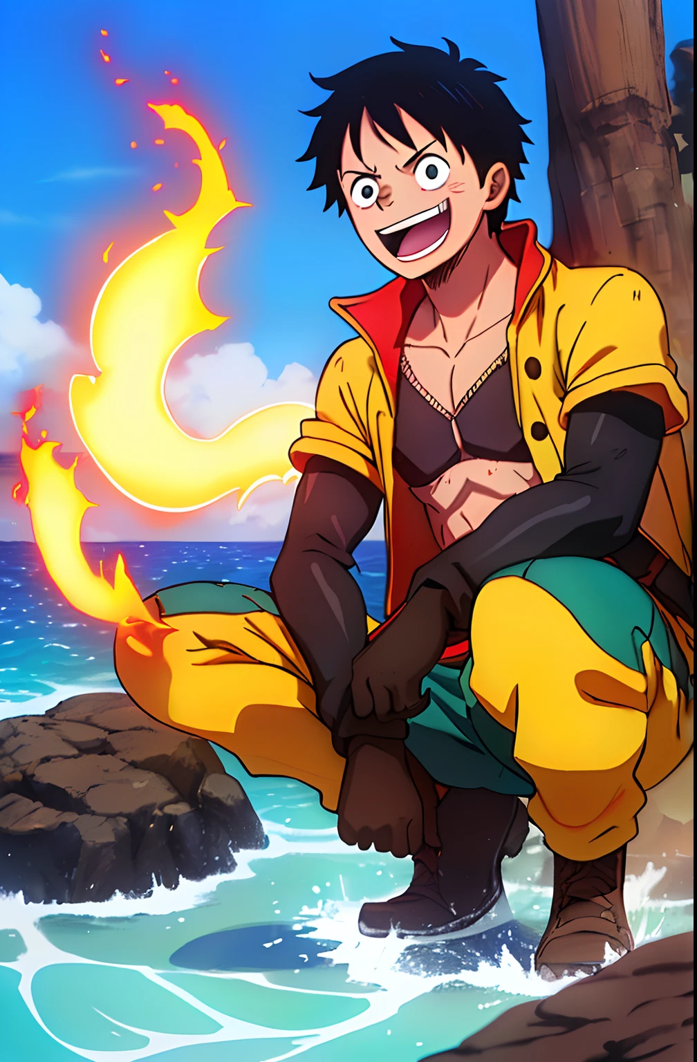 1Meninos, Wanostyle, Macaco D Luffy, sorridente, dezador, solo, parte superior do corpo, ((master part)), (best quality), (extremamente detalhado), profundidade de campo, esquete, sombras escuras intensas, Sharp focus quality, HDR, colorido, good composition, There were fires everywhere, espetacular, camisa branca fechada, Imagens de anime, Cicatrizes sob os olhos, Preparando-se para lutar, Olhos brancos,profundidade de campo,fundo do oceano,Navio,raios solares,roupas vermelhas,cabelo branco em forma de fogo, nuvens brancas ao redor corpo