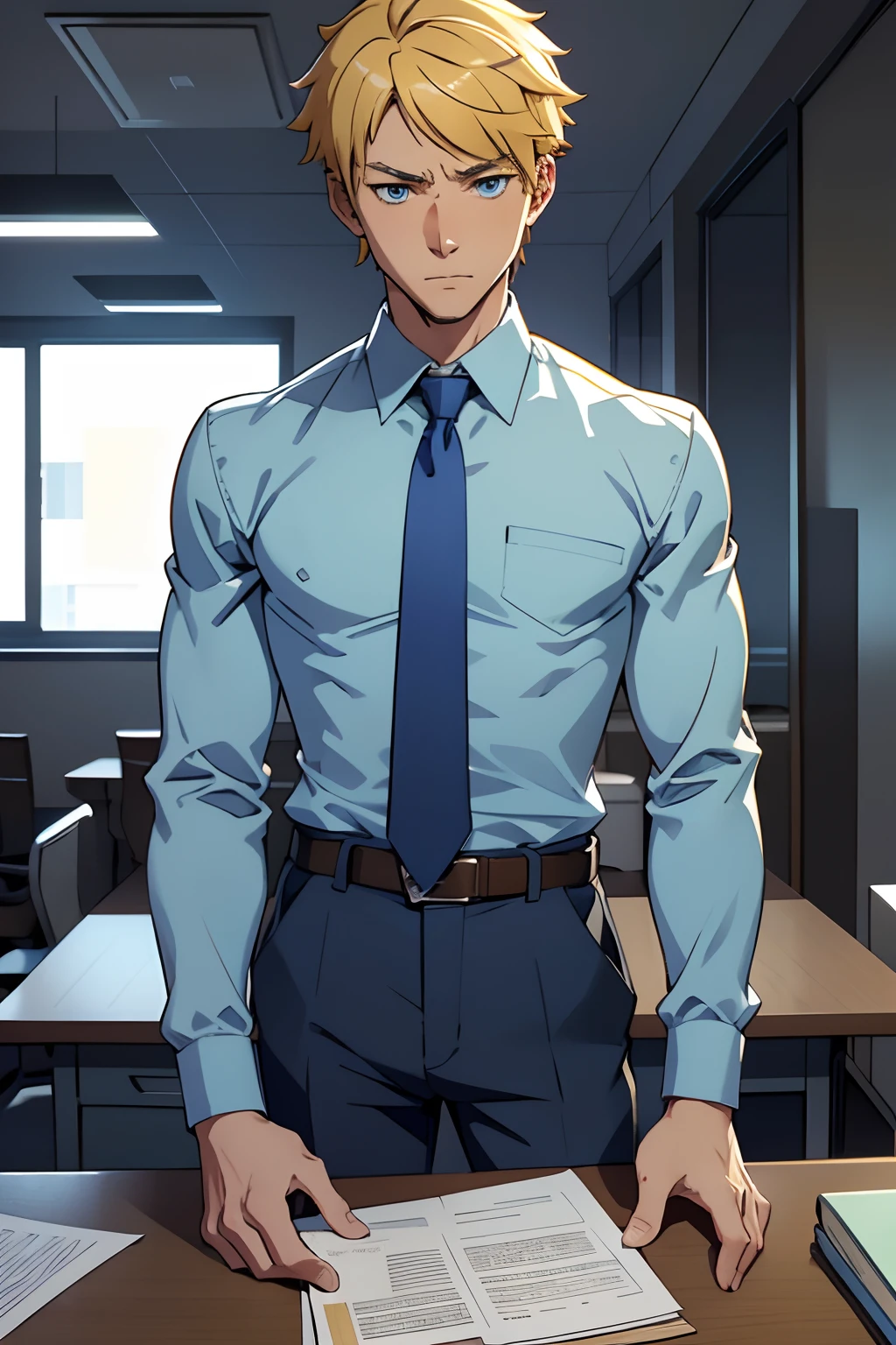 Adult male),solo,A high resolution, Sharp focus, Pixiv masterpiece, ((Complicated details)), highly detailed, natsuki_subaru, 1 man,perfect male figure, Nervously bow your head,is shy,embarressed,,panicking,worry,Very eager to pee,full bodyesbian,sat in an office,Tired,decadent, blue color eyes(eyes glowing), Short yellow hair,Yellow long-sleeved shirt,Wear a tie,Wear a belt,trousers,perspire,look from down,leans onto a desk,nervous,open lips,takes a deep breath,anxious,afraid