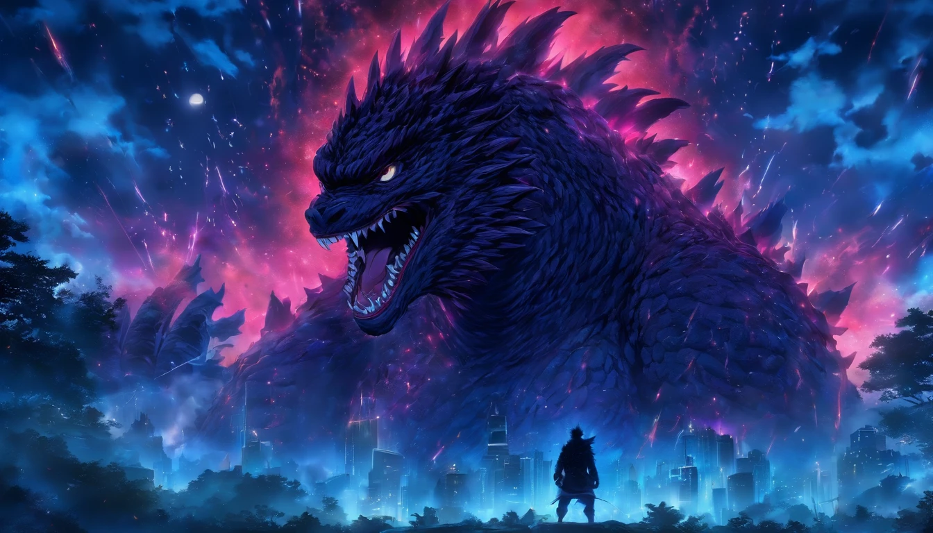 Strange monsters in a fantasy world，Godzilla，A coarse laser sprays out of the mouth，Blood，Covered with thick spikes，Moon Night，中景 the scene is，Full body like， highly detailed surreal vfx，oc rendered，Shot with 70 mm - AR 16:9 --q 2 --s 1000