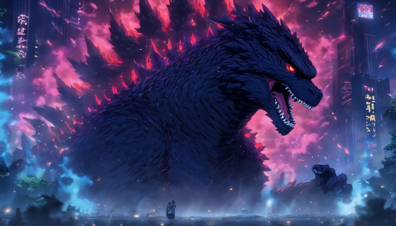 Strange monsters in a fantasy world，Godzilla，A coarse laser sprays out of the mouth，Blood，Covered with thick spikes，Moon Night，中景 the scene is，Full body like， highly detailed surreal vfx，oc rendered，Shot with 70 mm - AR 16:9 --q 2 --s 1000