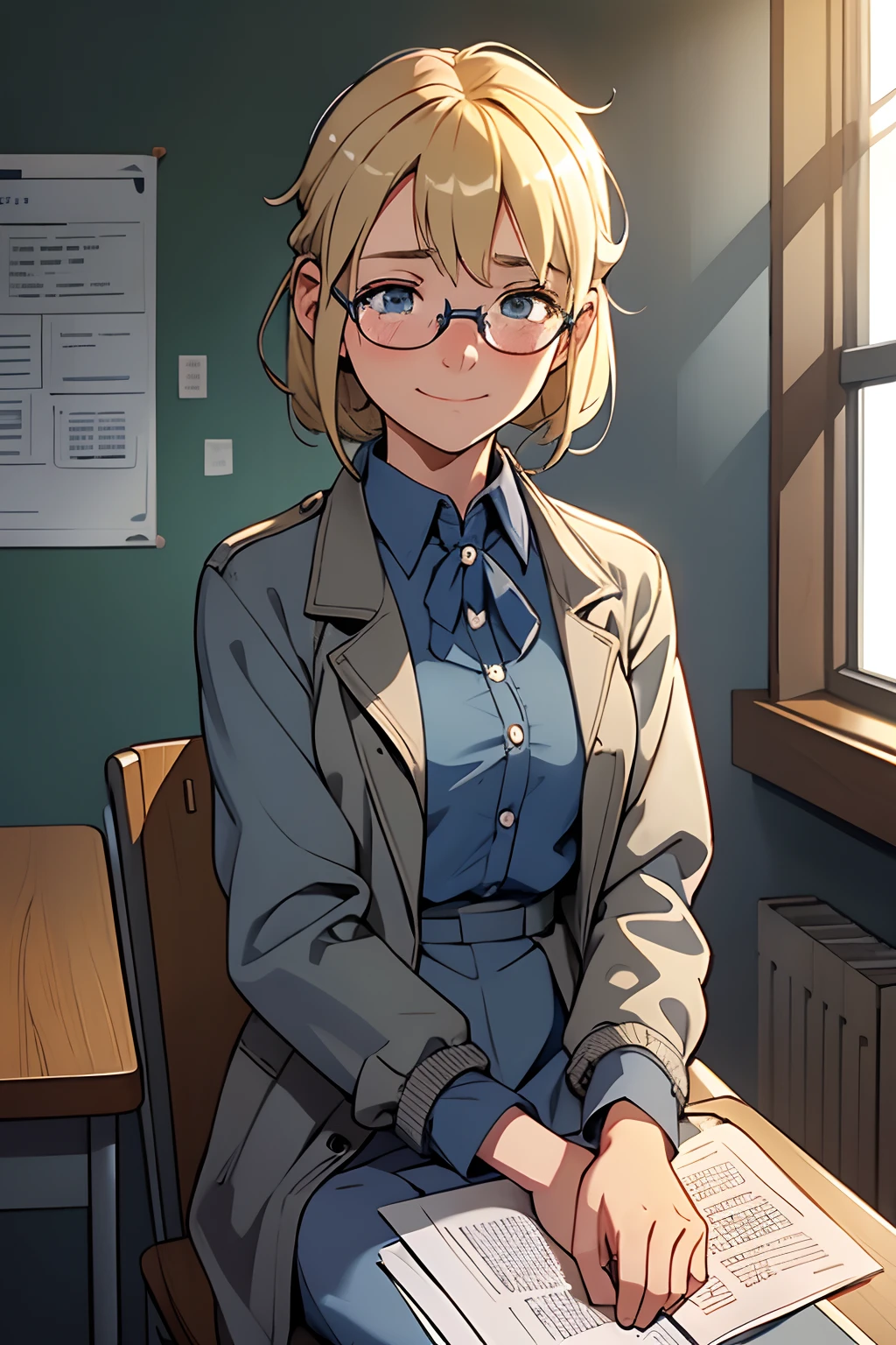 cute,blonde,blue spects, 1 girl, solo, in classsroom ,tension,lost in her toughts,smiles,sleepy,uniform,clean and tidy class, grey coat,full sleeves shirt ,sitting in a desk,confused,alone,look down , shy,anxious,looks away,shocked,disappointed,unexpected