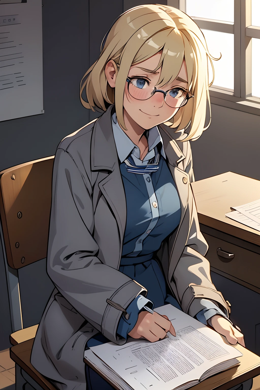 cute,blonde,blue spects, 1 16 year old girl, solo, in classsroom ,tension,lost in her toughts,smiles,sleepy,uniform,clean and tidy class, grey coat,full sleeves shirt ,sitting in a desk,confused,alone,look down , shy,anxious,looks away,shocked,disappointed,unexpected