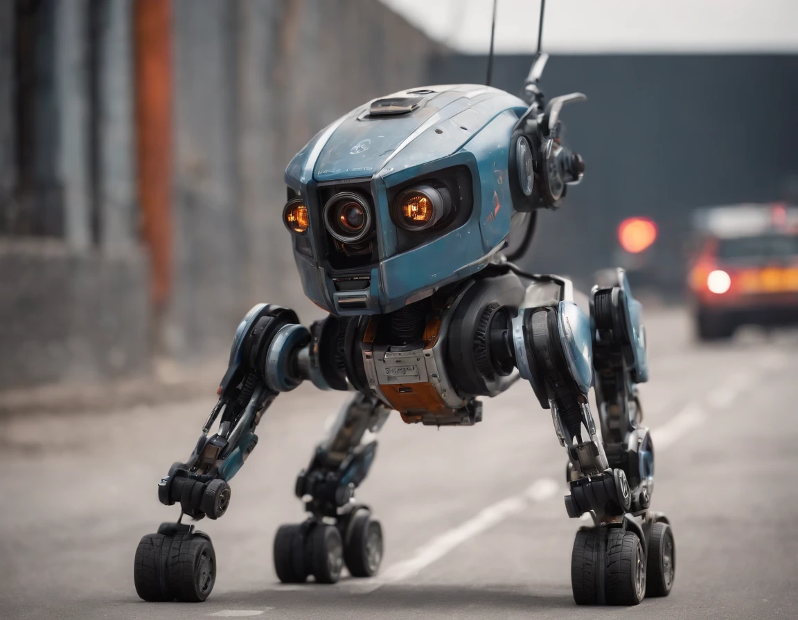 rushing down the runway, devilish looking, futuristic, Chappie robot style racing robot