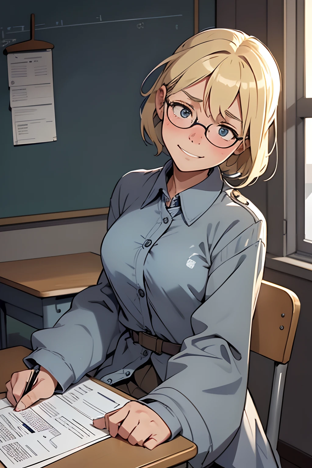 cute,blonde,blue spects, 1 girl, solo, in classsroom ,tension,lost in her toughts,grin,sleepy,uniform,clean and tidy class, grey coat,full sleeves shirt ,sitting in a desk,confused,alone,look down , shy,anxious,looks away,shocked,disappointed,unexpected