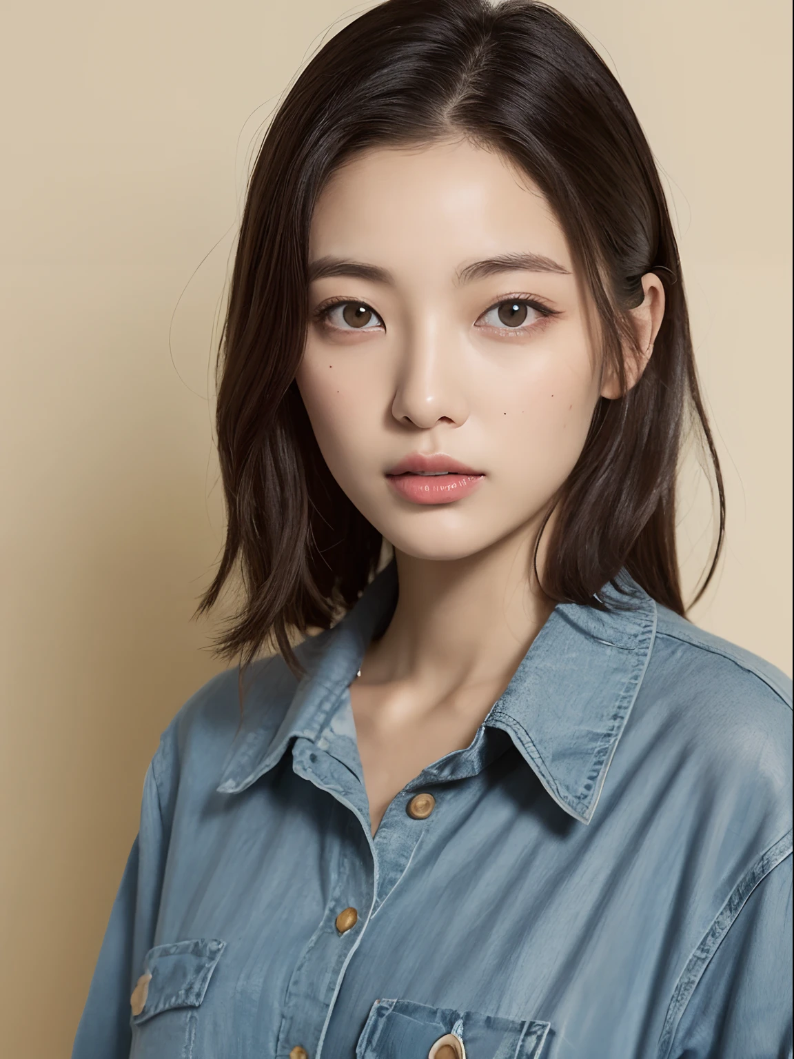 Photo of a seductive woman with a loose style of brown hair, white walls、Pose in the room, tedium, She wears a buttoned shirt and pants, mascara, , (Textured skin, Skin pores:1.1), (Mole:0.8), (Imperfect skin:1.1) intricate detailes, goose bumps, face perfect, (hitornfreckles:0.9), ((Photorealsitic):1.1), (Unripe, 8K:1.2), murky, Subdued Color, waved hair、
