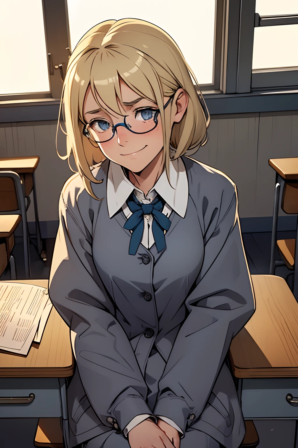 cute,blonde,blue spects, 1 16 year old girl, solo, in classsroom ,tension,lost in her toughts,grin,sleepy,uniform,clean and tidy class, grey coat,full sleeves shirt ,sitting in a desk,confused,alone,look down , shy,anxious,looks away,shocked,disappointed,unexpected