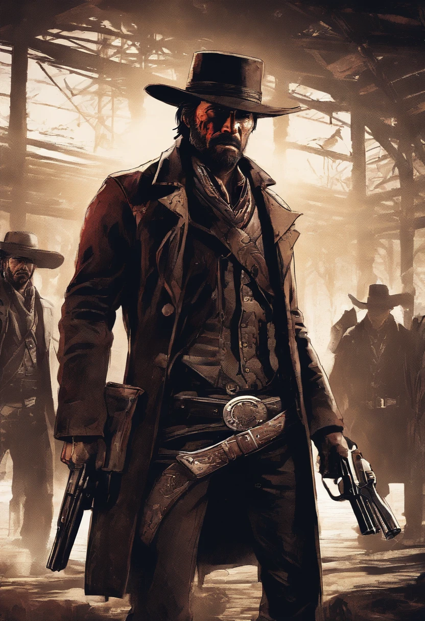 "(Best quality, A high resolution),Red Dead Redemption 2 style,Dark room,Western-style outlaws, 6 men,In a dark room,interiors,Stand in front of the table,cowboy hat,revolvers,cigarettes,Narrow beam,Atmospheric shadows,Leather jacket and vest,Old wooden table,Dust particles floating in the air,Sharp focus,gritty texture,Vivid colors,Moody lighting"